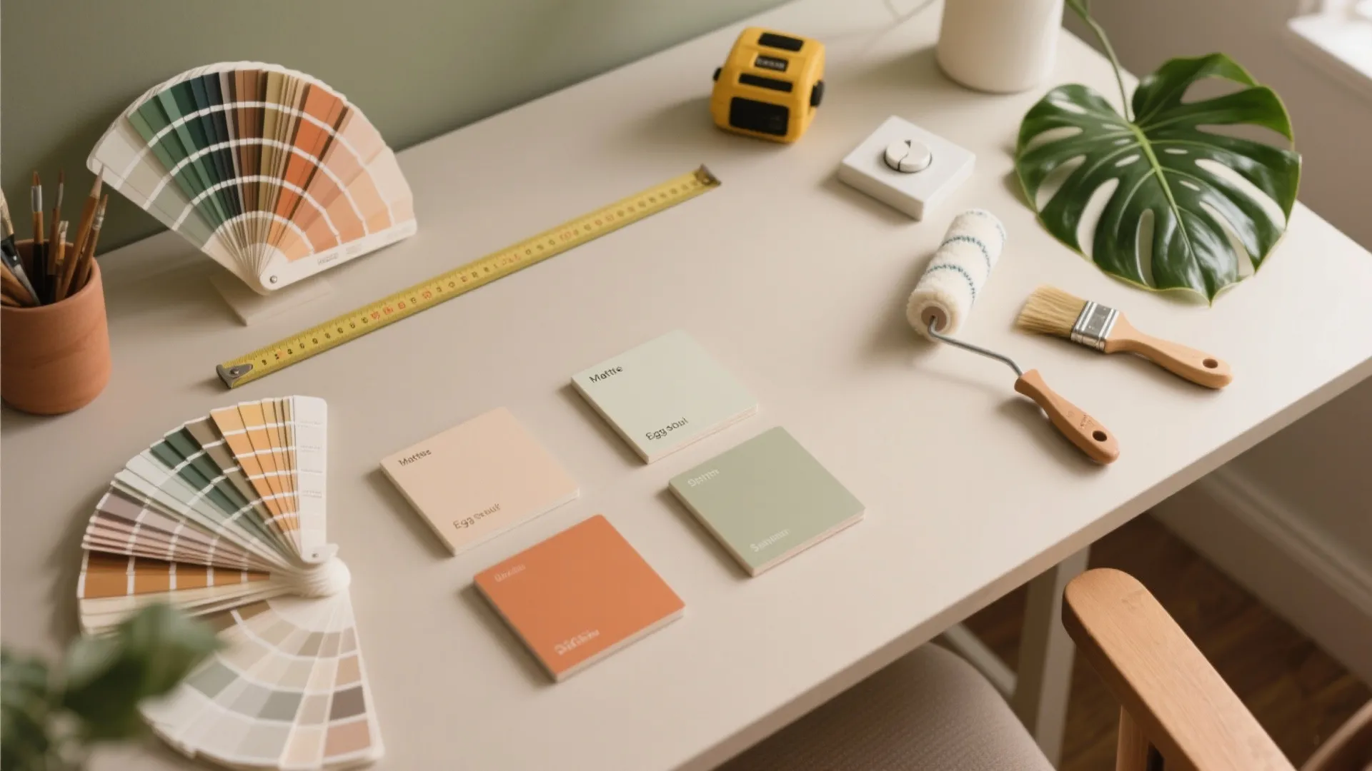 Desk with color paint samples tape measure paint roller and brush for interior design planning