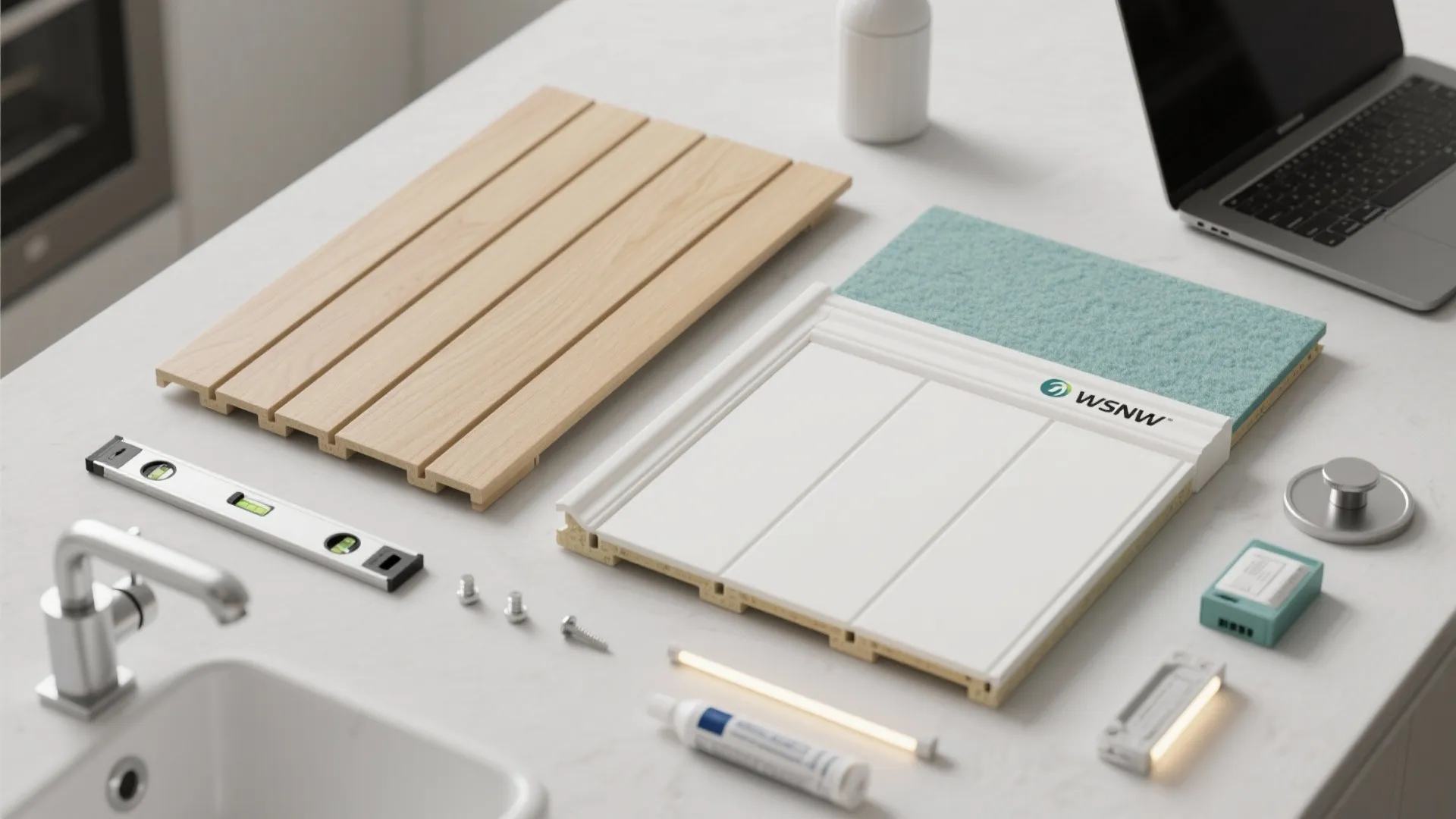 Tools and wood wall panel samples arranged on a white table next to a laptop