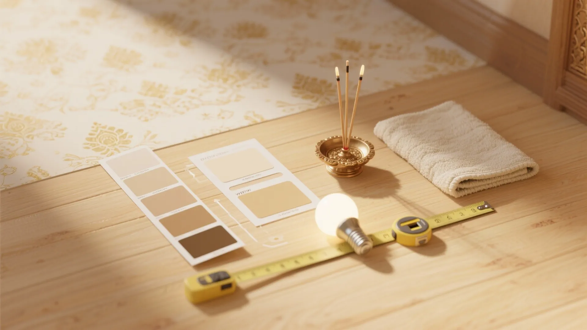 Interior design materials including color cards, light bulb, measuring tape, incense, and cloth on floor