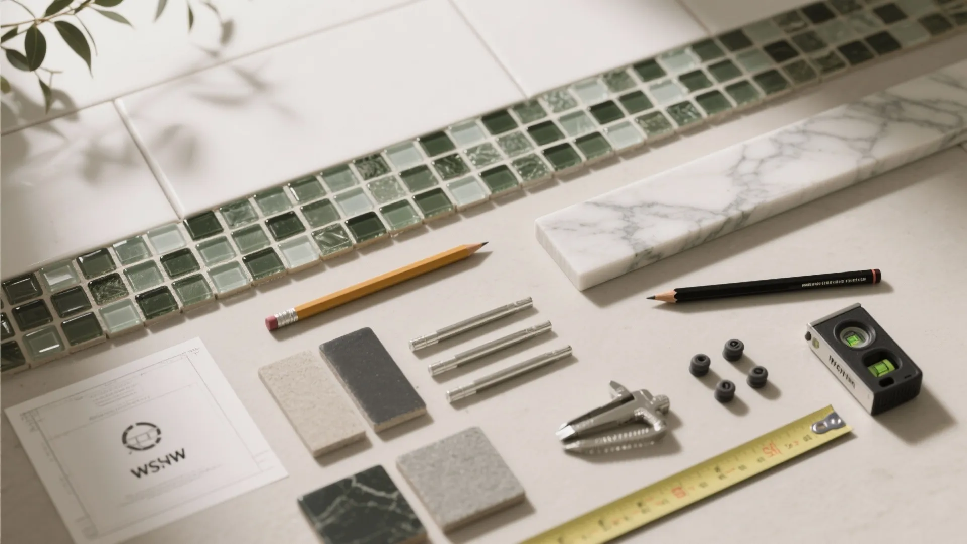 Top-down flat lay of tile samples, pencil liner, mosaic sheet, marble trim, grout swatches, spacers, and tools.