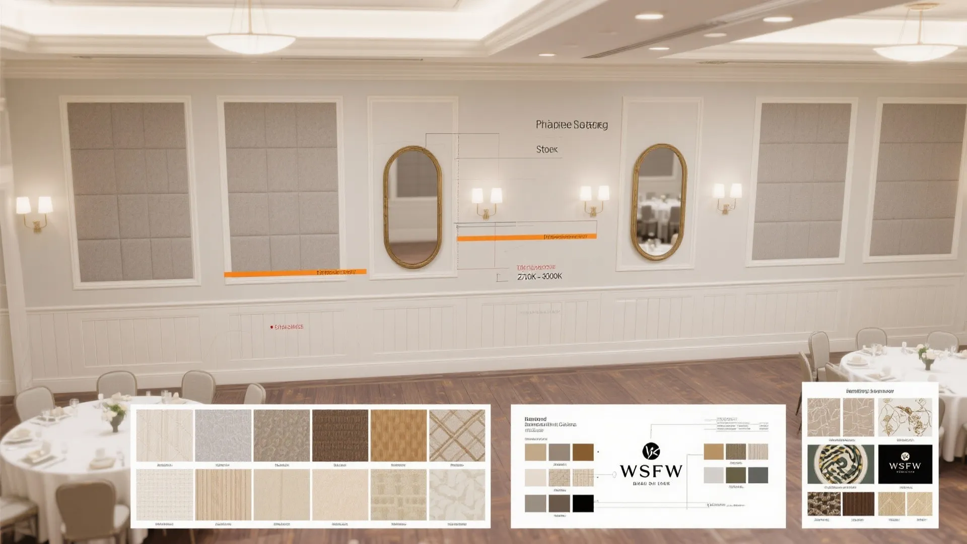 Dining hall wall design with mirrors, wall panel details, and material samples for interior design