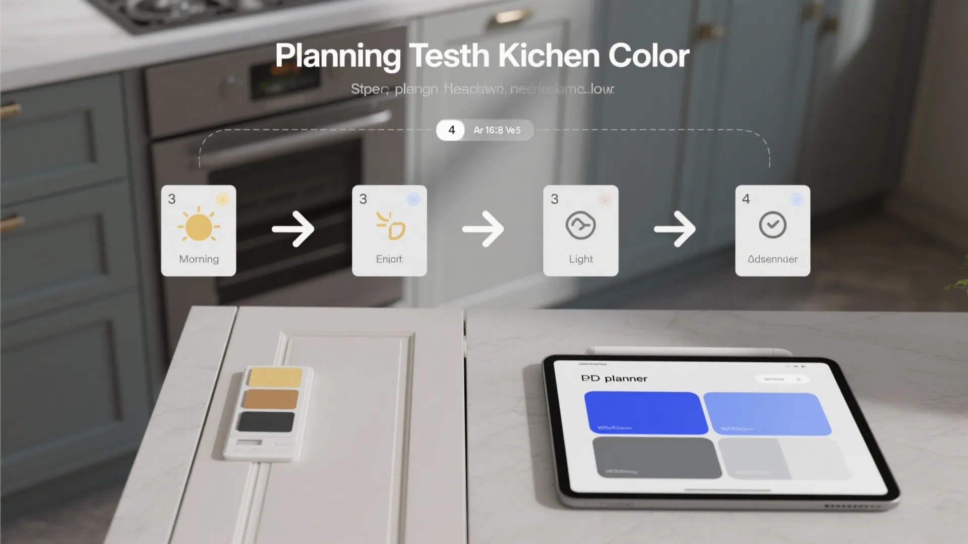 Top-down view of paint samples and a 3D planner mockup for testing kitchen color options