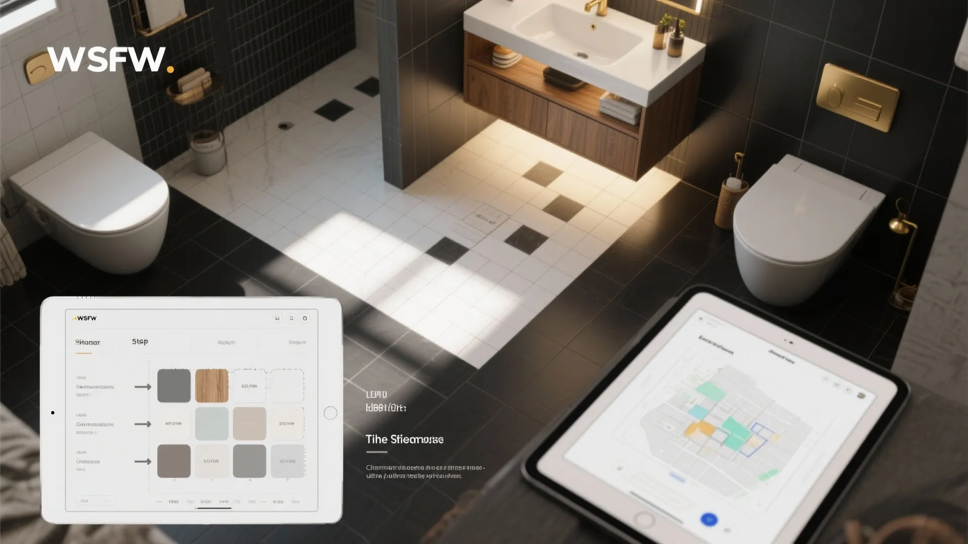 Top down view of bathroom design process with mobile tablets showing color palettes and floorplans