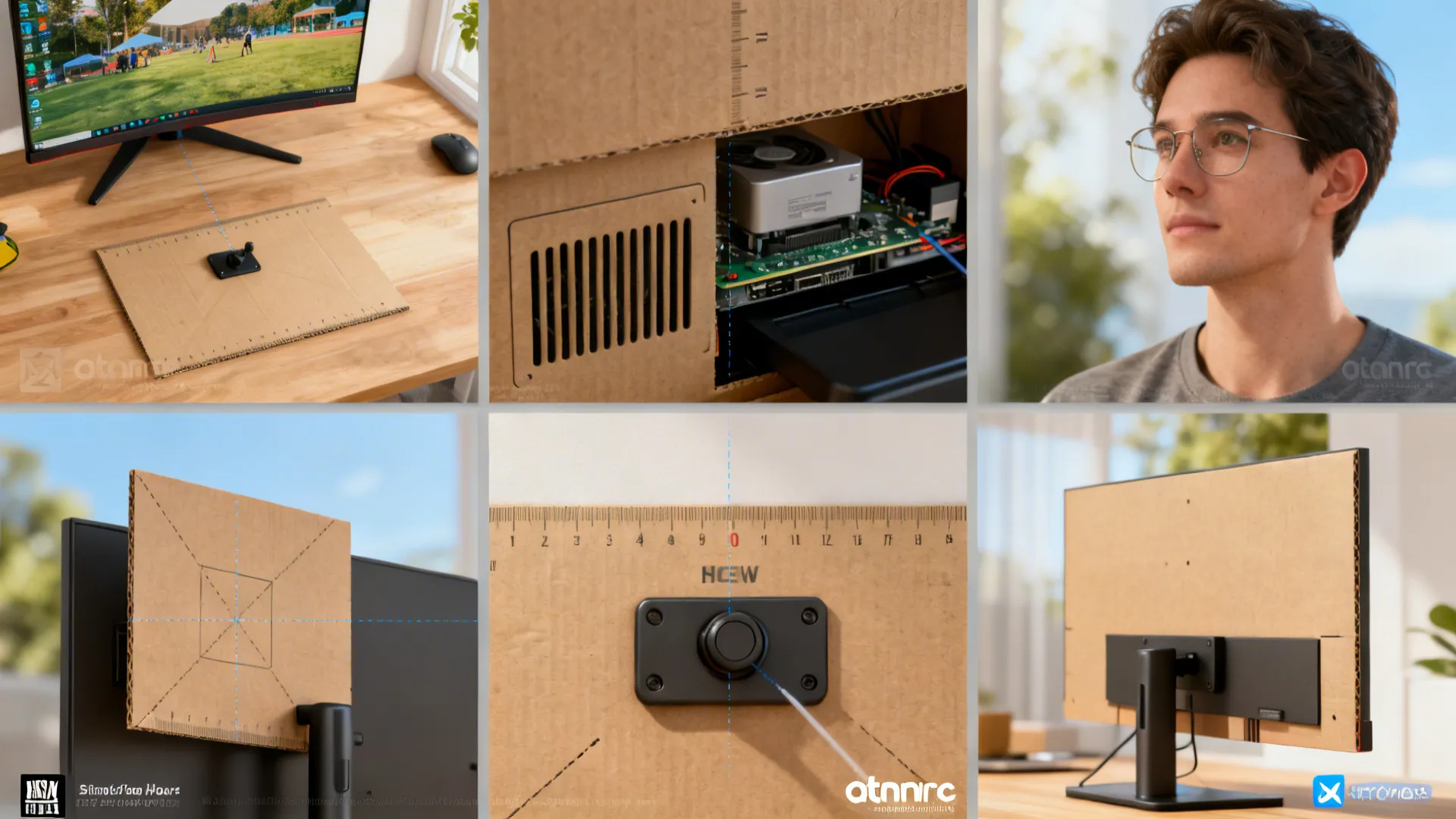 Steps for building computer monitor stand using cardboard pieces and electronic hardware in six photos