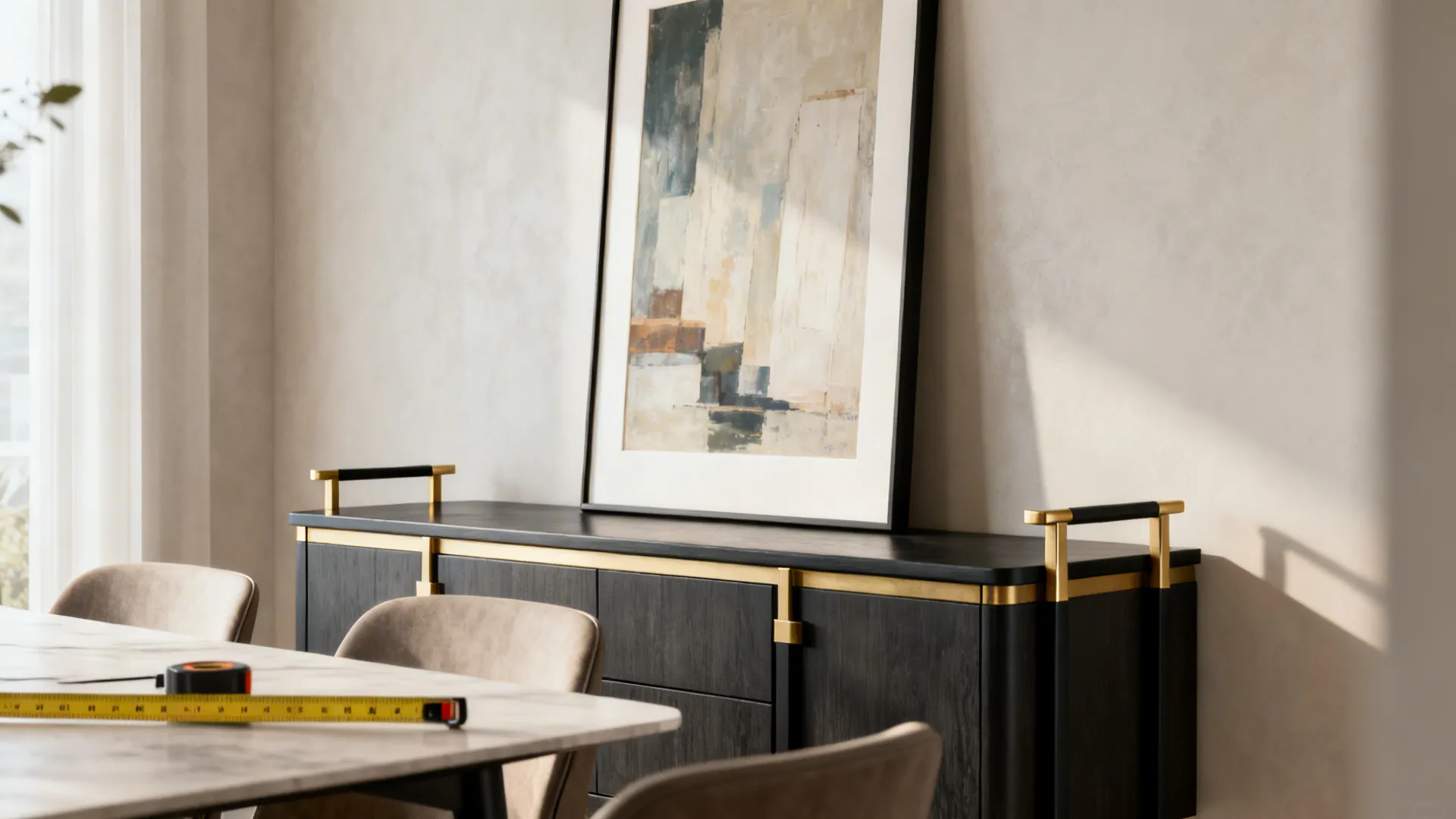 Buffet showing correctly proportioned artwork and mixed metal accents with a measuring tape visible.