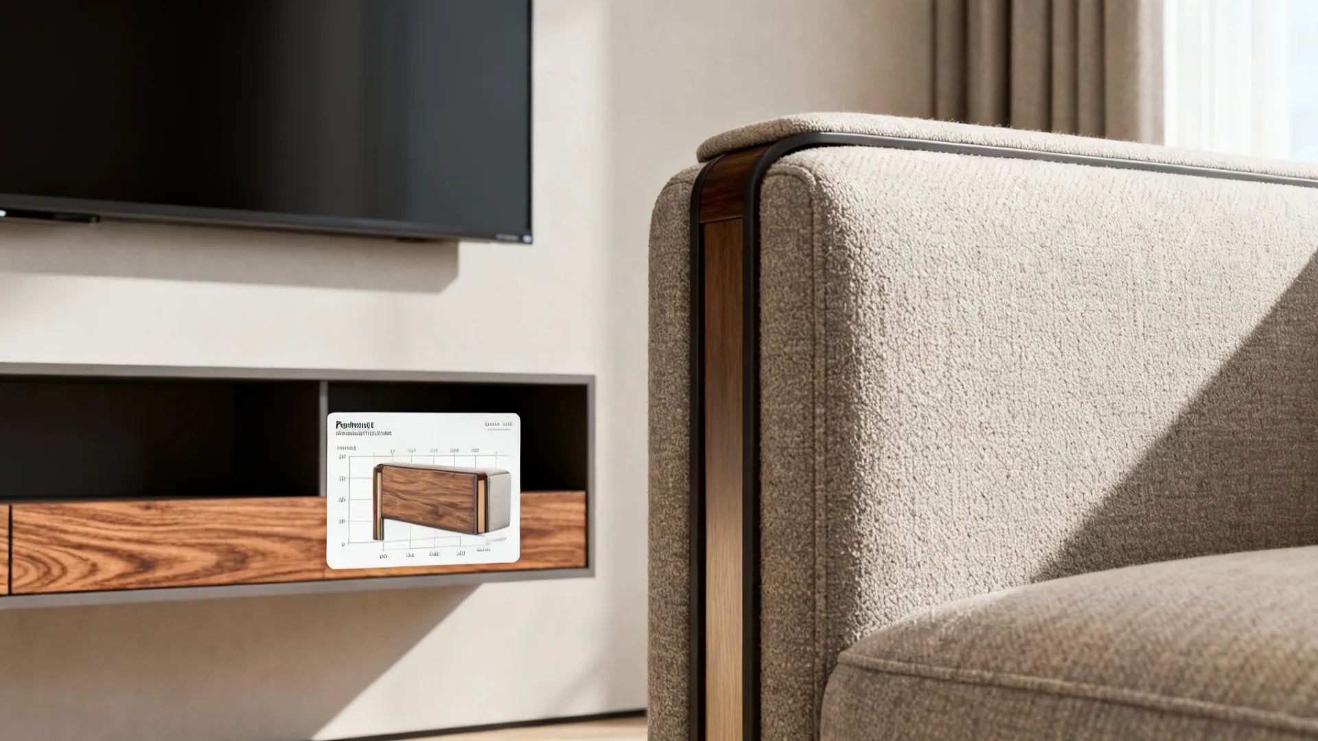 Close up of beige sofa arm with wood detail near television and wooden storage cabinet