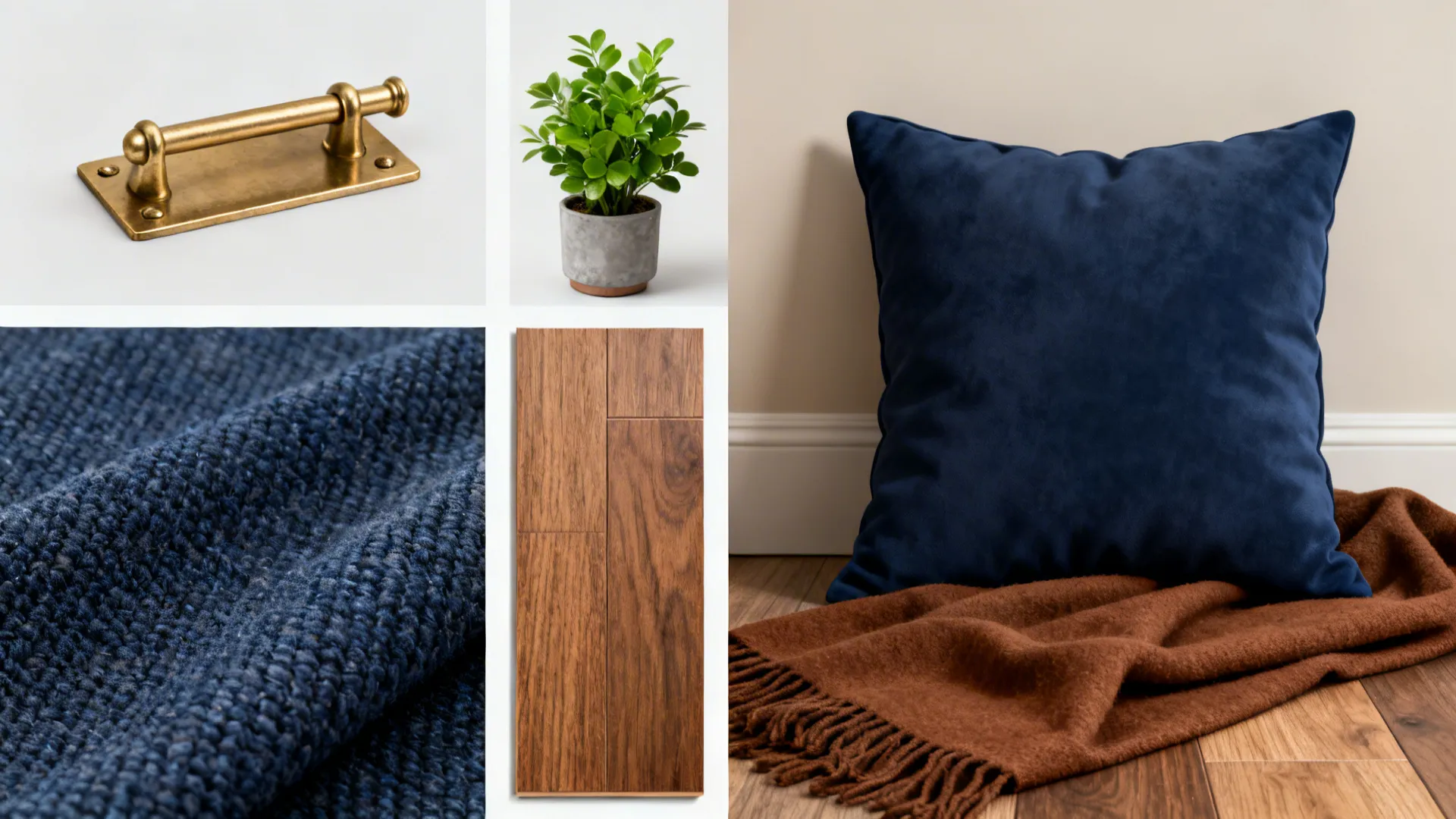 Collage of brass hardware, navy pillow, brown throw, plant and wood swatch