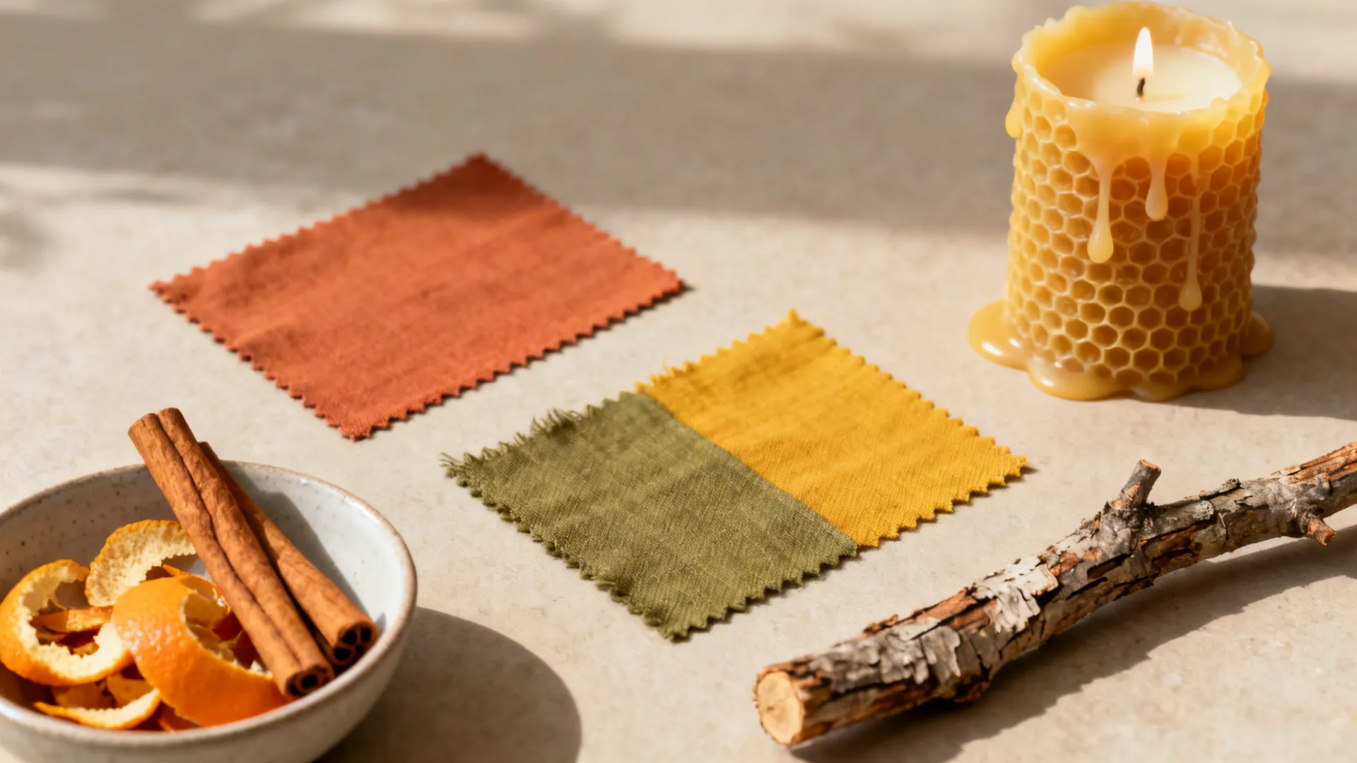 Fabric swatches, beeswax candle, orange peels and cinnamon arranged to illustrate fall decor FAQs.