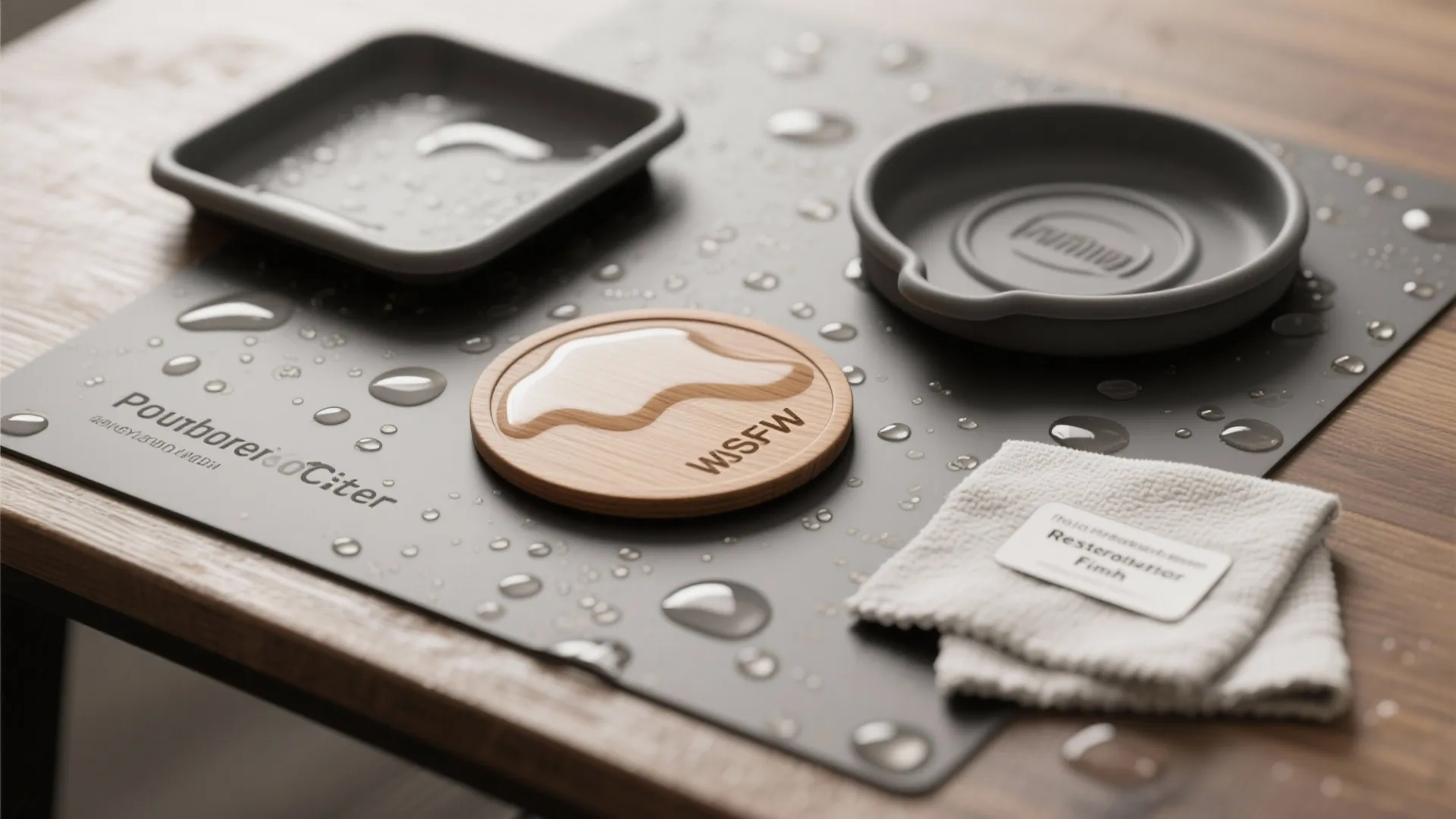Close-up of waterproof coasters, silicone tray, and sealed wood sample demonstrating moisture protection.