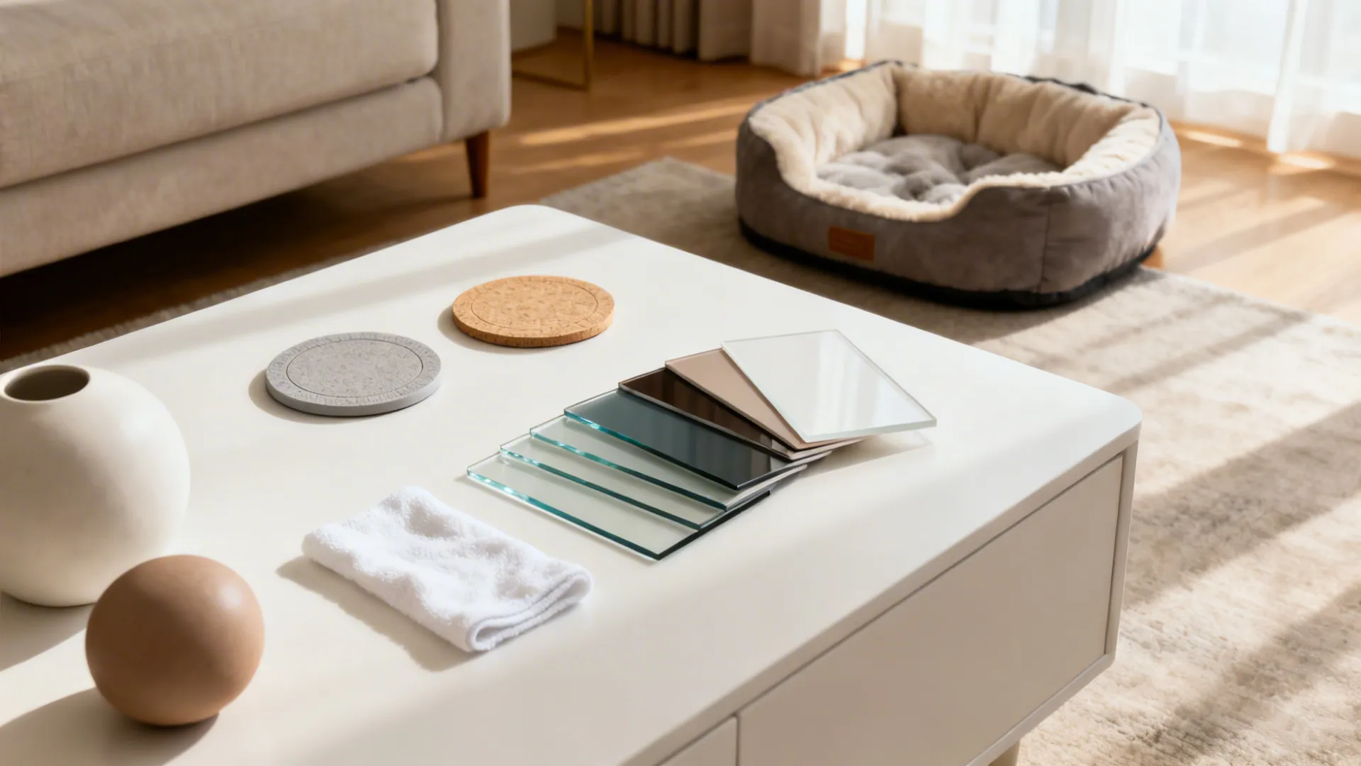 Vignette of coasters, sample finishes and pet-friendly accessories for protecting a white coffee table.