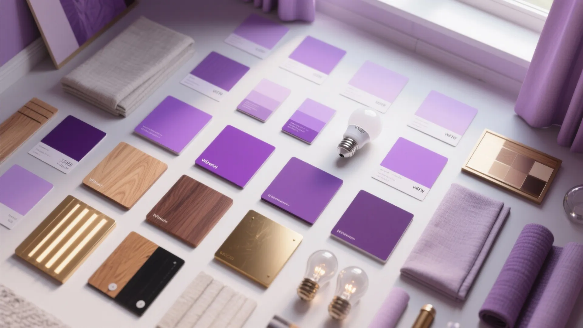 Purple color swatches arranged with wood samples light bulbs and fabric for interior design planning