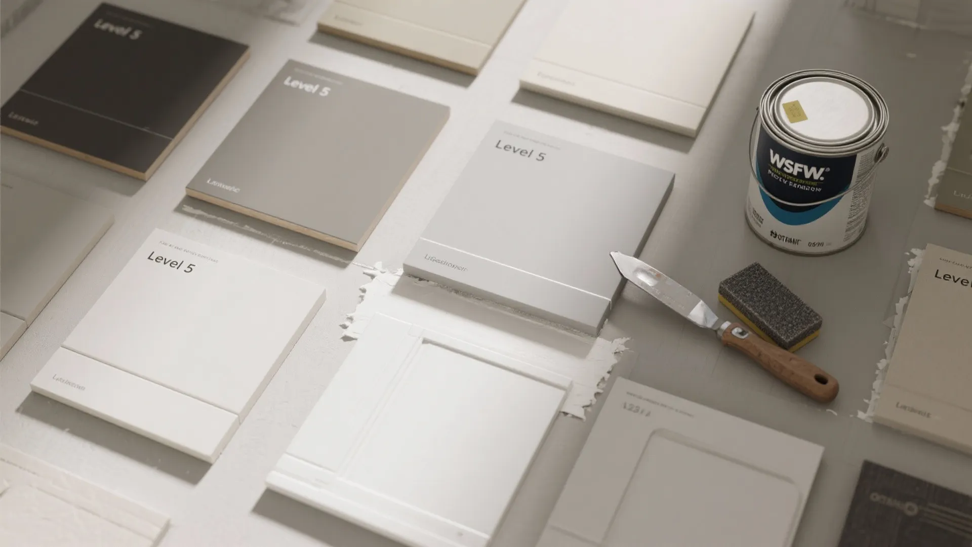 Paint samples in various grey shades with a paint can and a metal putty knife