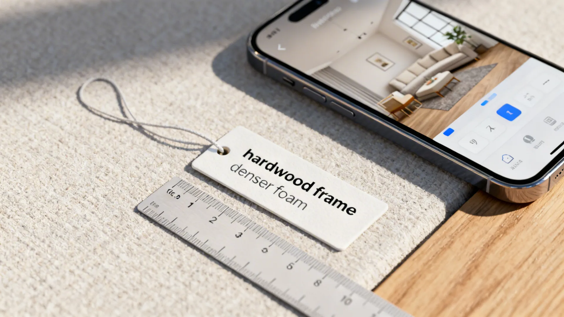 Furniture label highlighting hardwood frame and dense foam with a 3D planner app visible