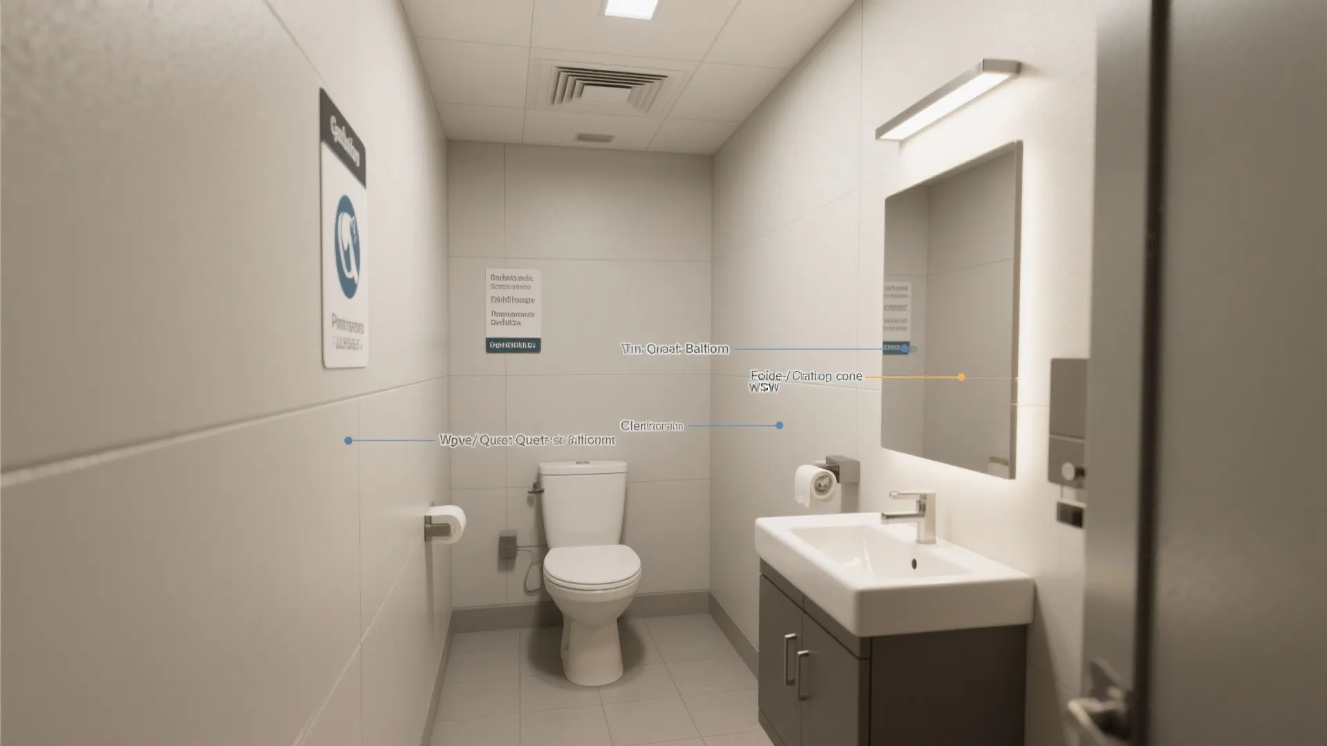 Finished quarter bathroom with labeled fixtures and clearance zones for FAQ illustration