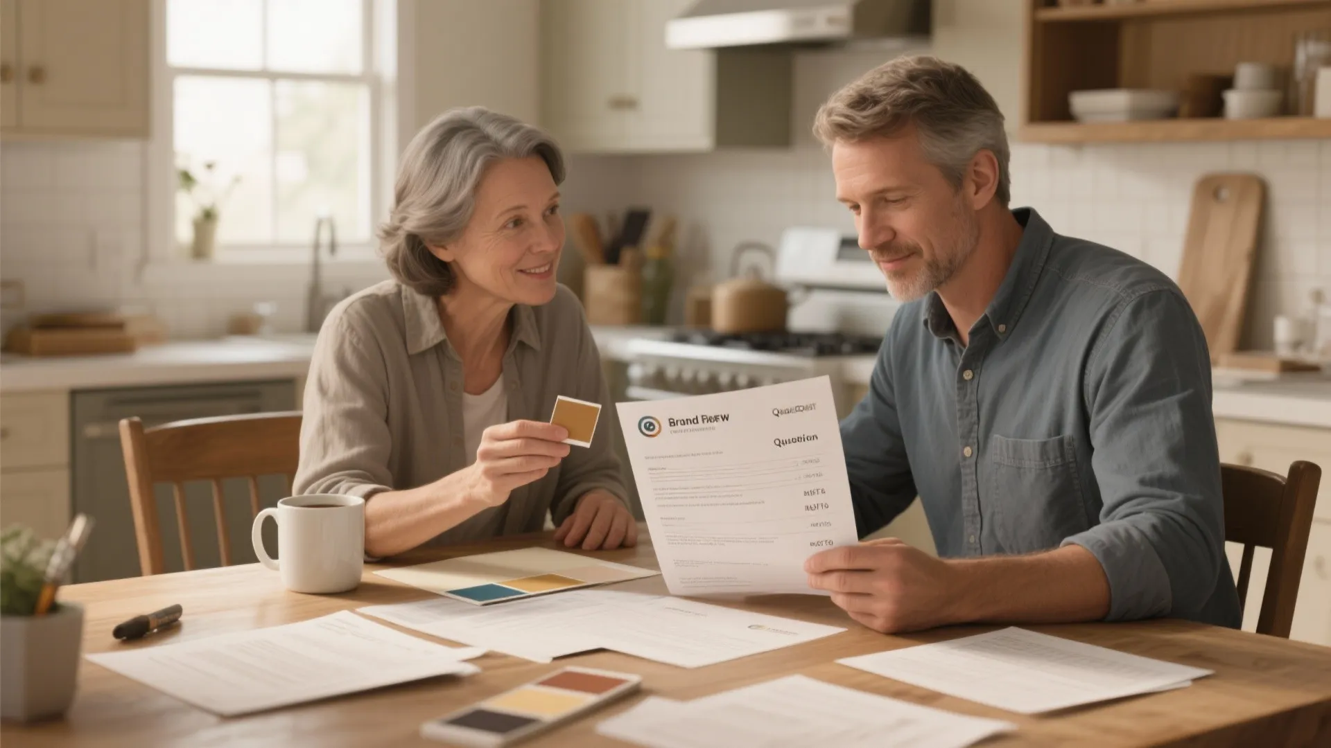 A couple reviewing home renovation documents and color samples while sitting at a wooden kitchen table
