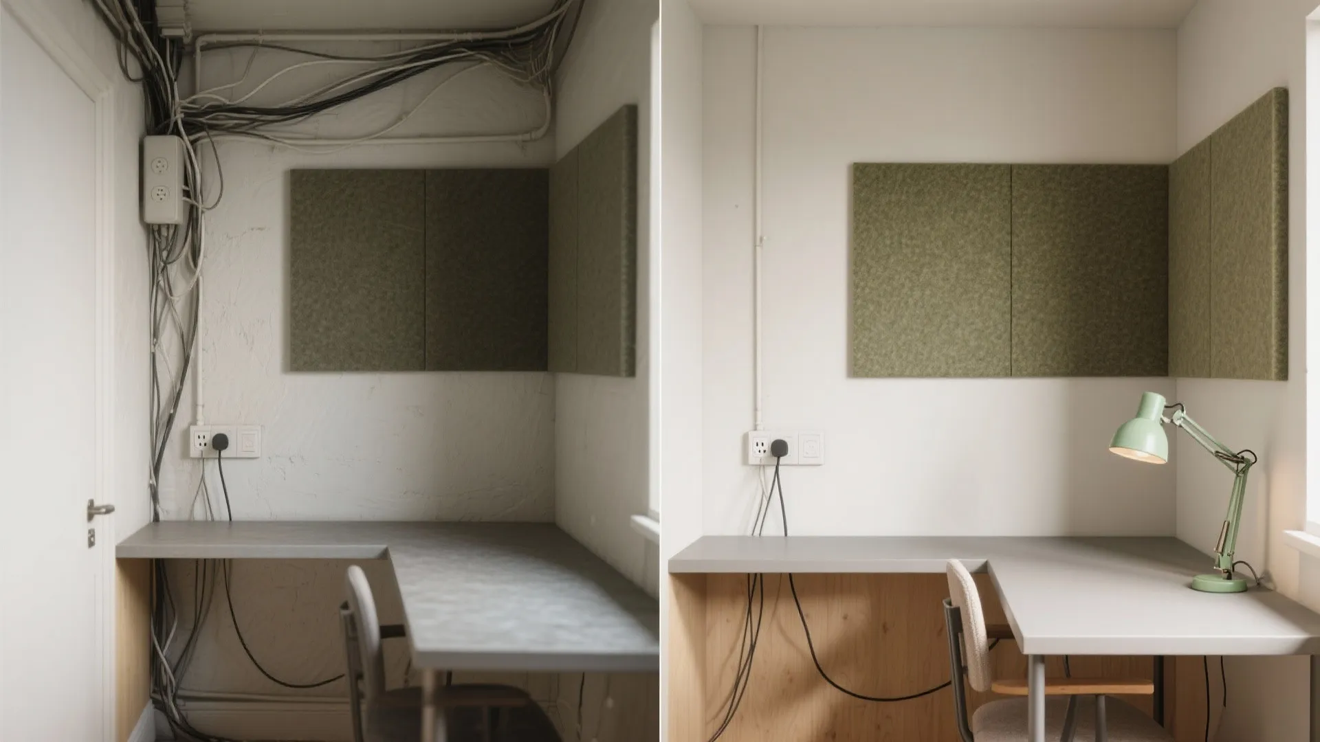 Before and after comparison showing messy power cables versus clean wall with green desk lamp setup
