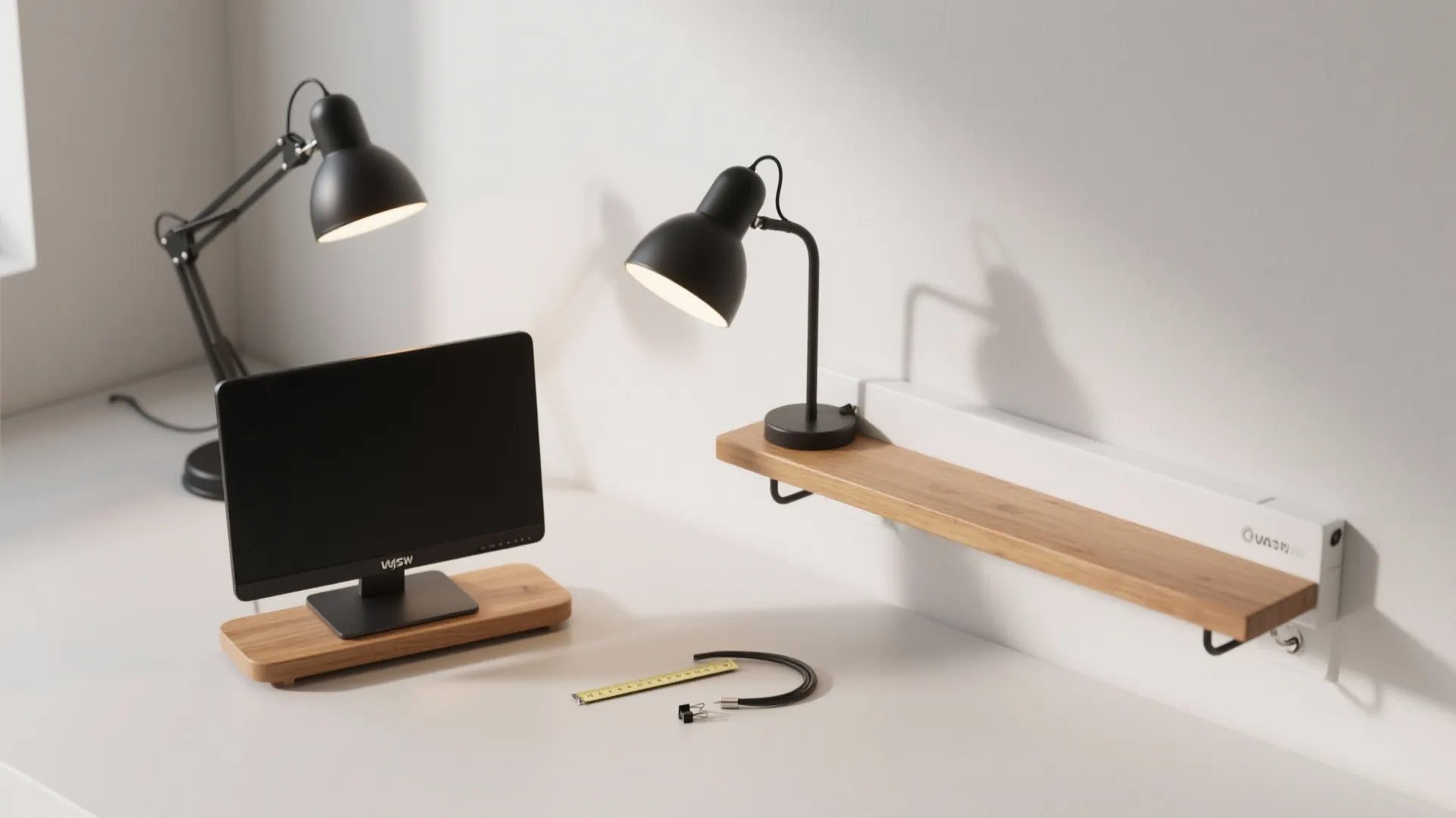 Top-down layout of a lamp, monitor riser, and slim wall shelf for fast study room upgrades