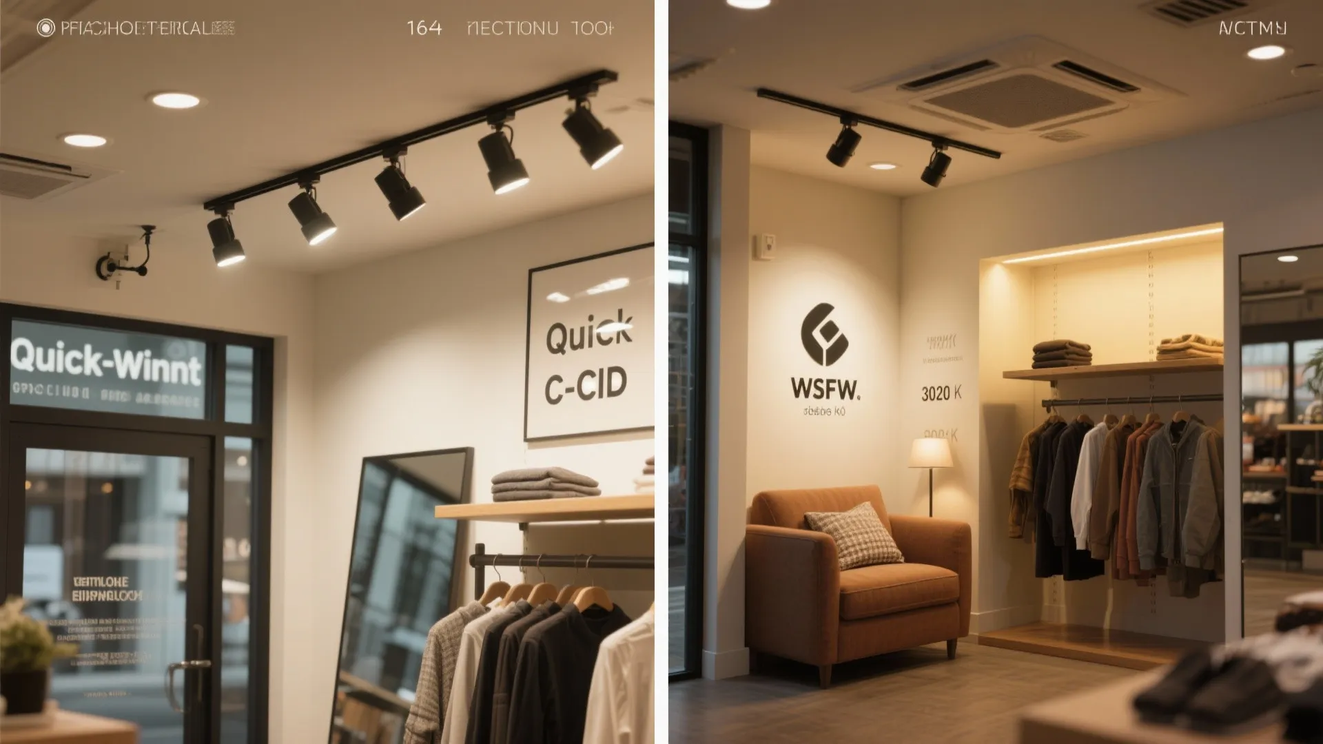 Collage of low-budget retail lighting upgrades: LEDs, track heads, and a warm apparel nook.