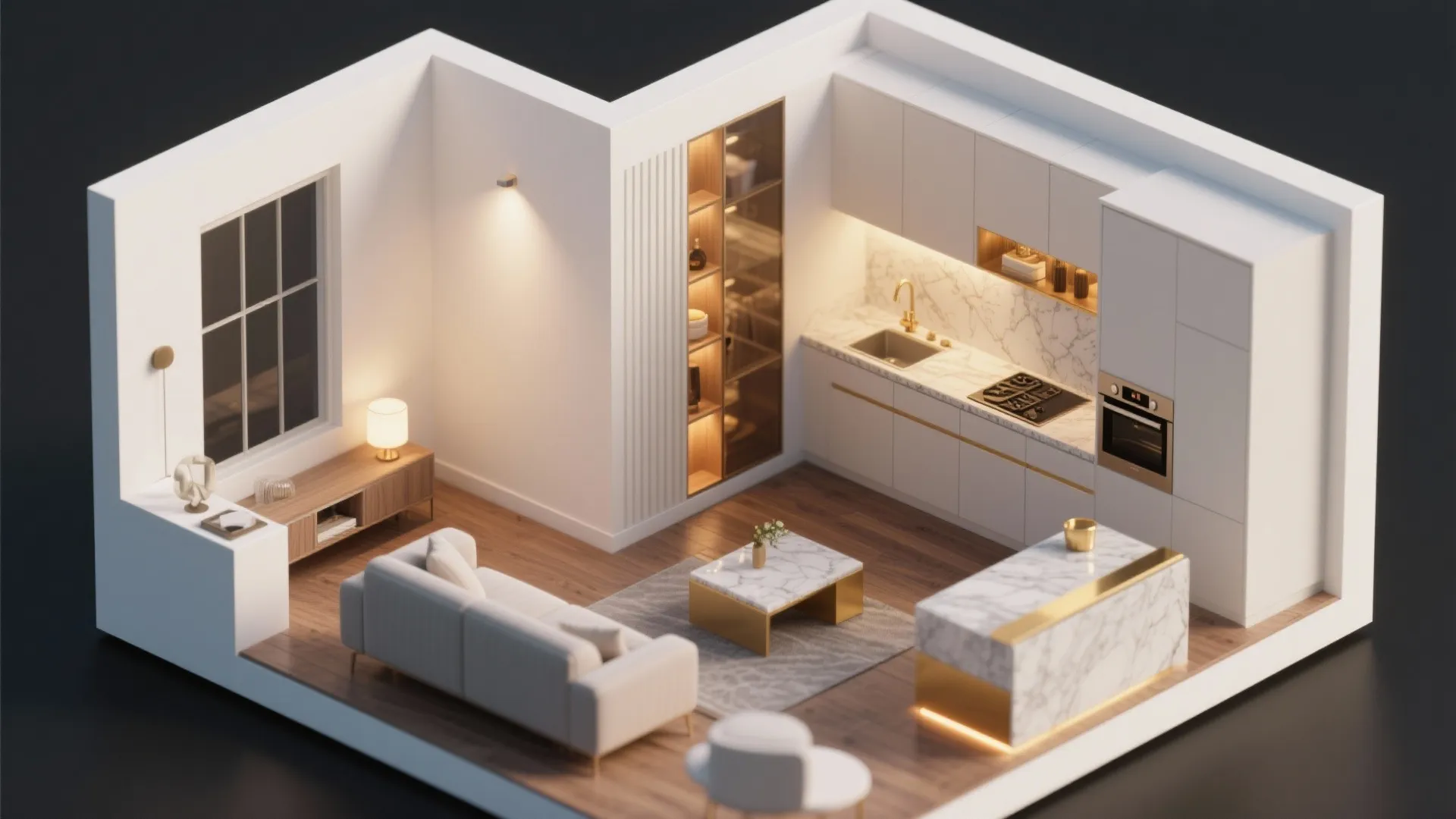 Interior design drawing of a modern studio with white sofa marble island and wood flooring