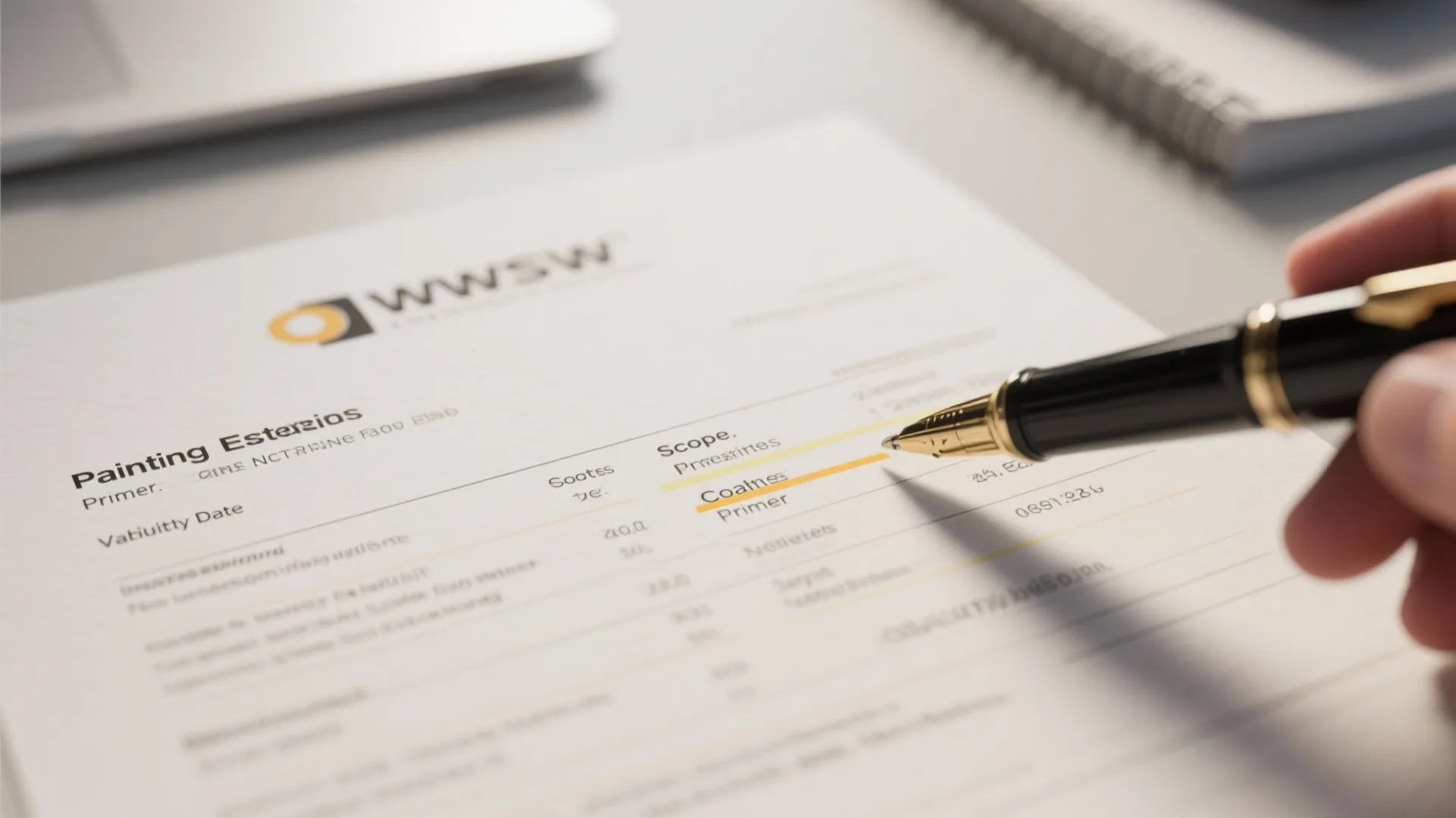 Close up of a hand holding a black pen signing a white interior painting document