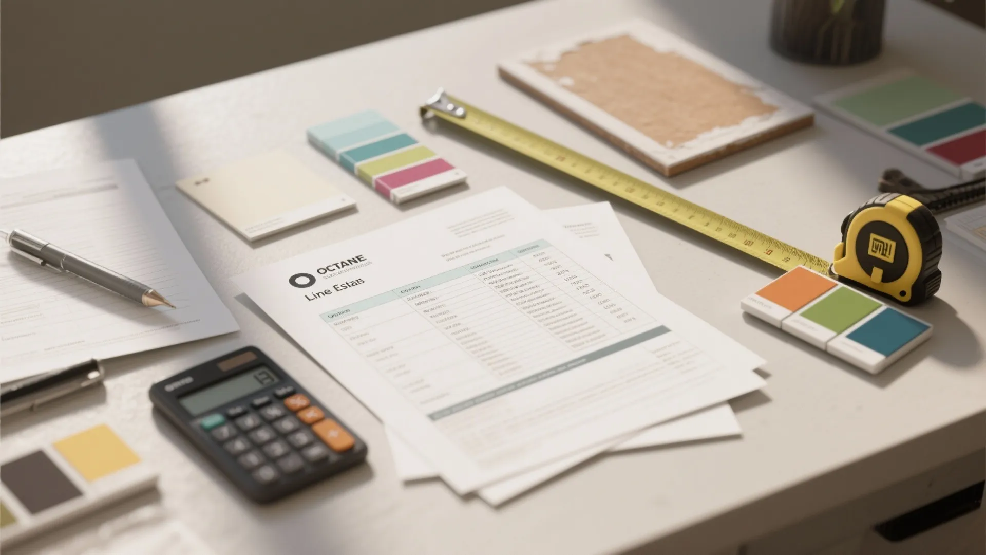Flatlay of line-item estimates, calculator, tape measure and paint swatches for comparing painting quotes.
