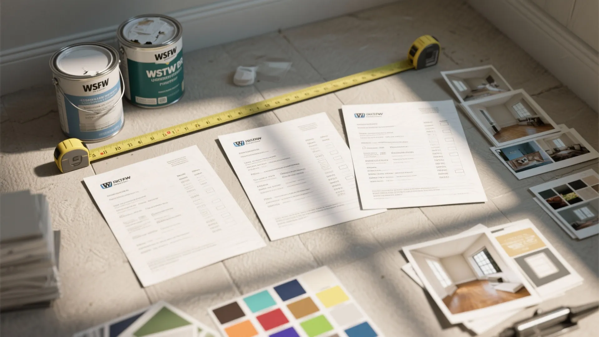 Interior design planning materials including paint cans measuring tape documents and room photos on floor