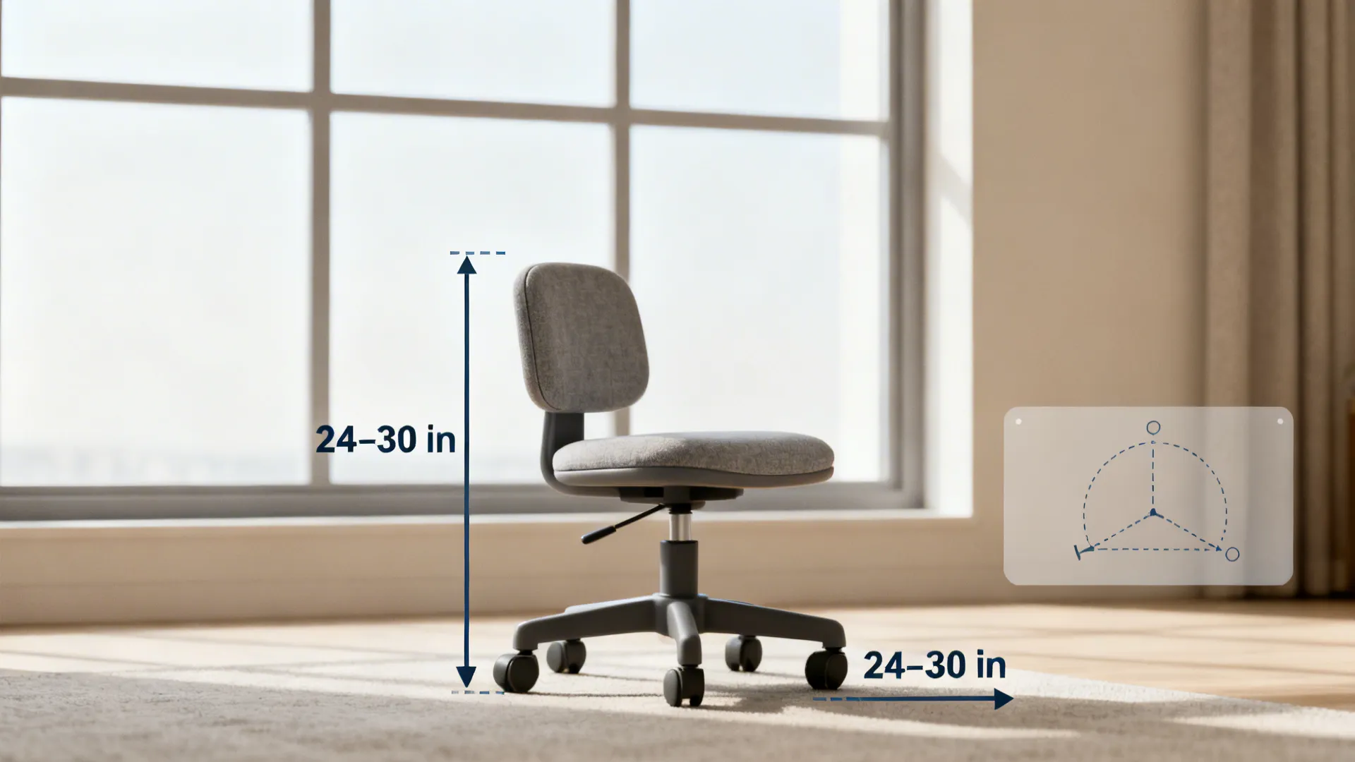 Compact swivel chair with visual clearance markers illustrating recommended turning radius in a small living room.
