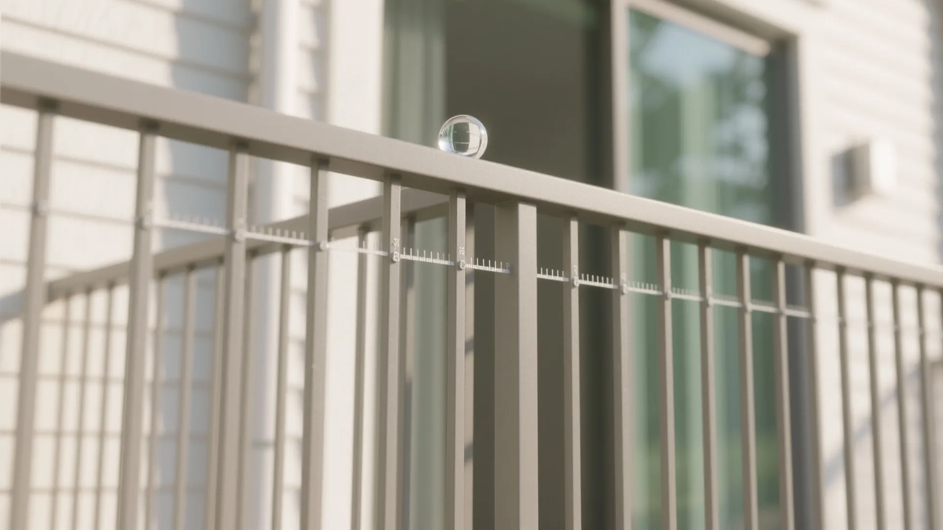 Modern metal railing on balcony with measurement marks and small glass ball under sunny light