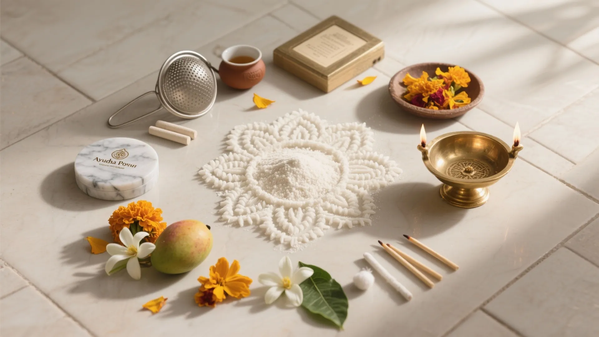 White sand art kit with mango flowers matches and brass oil lamp on light tiled floor