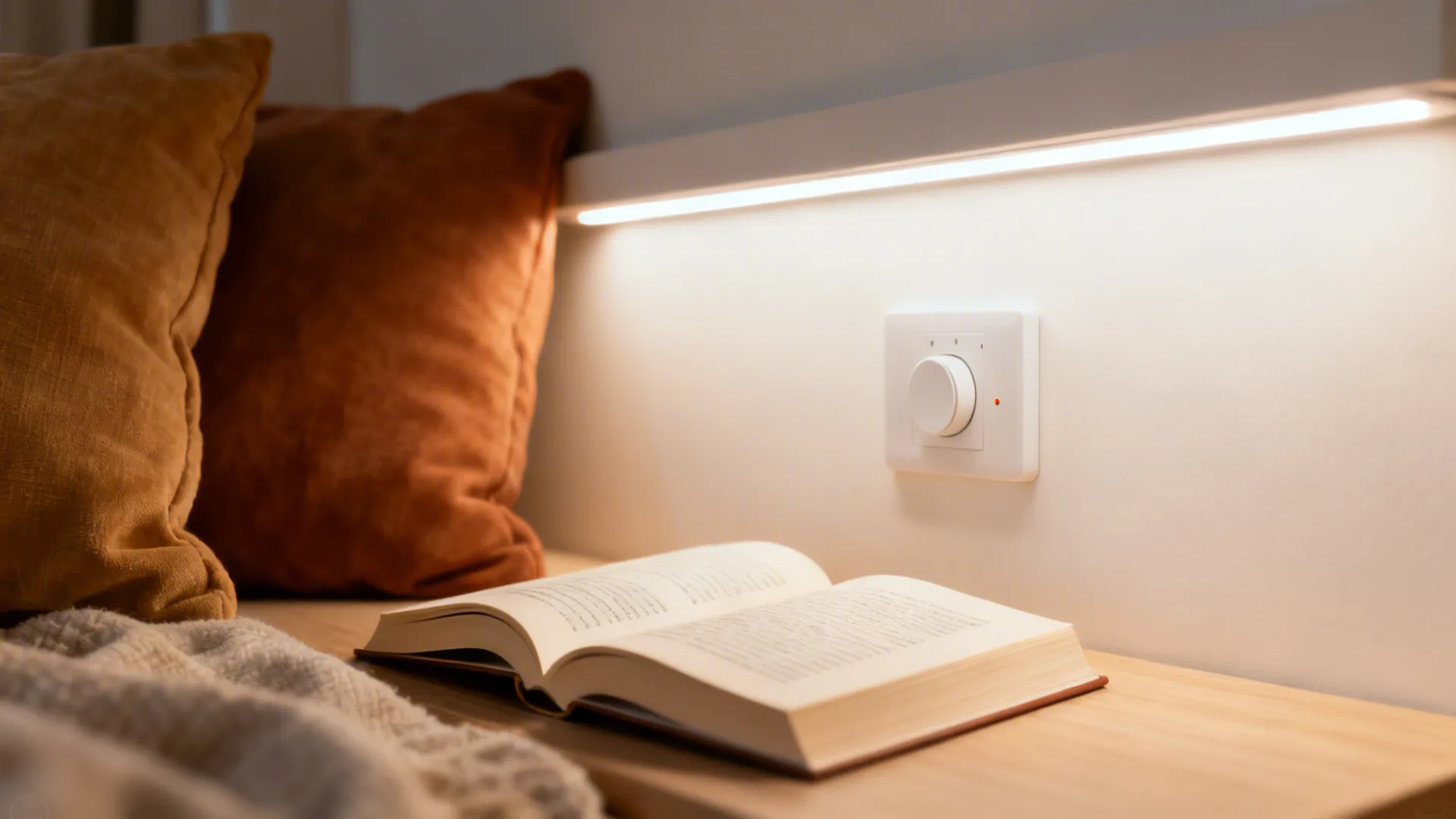 Cozy reading nook lit by warm white lighting, showing dimmer control and accurate fabric colors under high-CRI light.