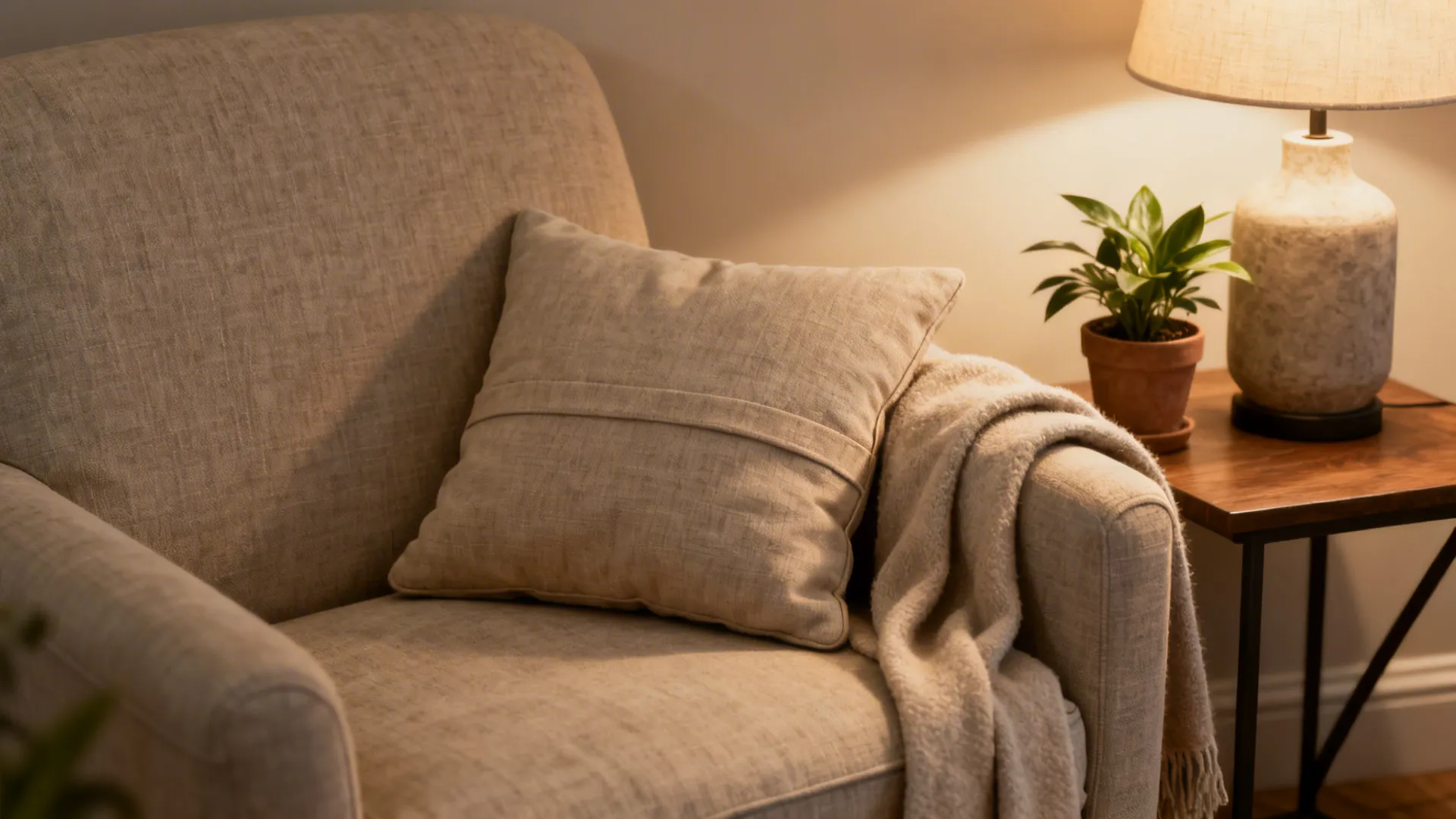 Cozy reading nook with linen armchair, removable cushion cover, and a lamp illustrating practical tips.