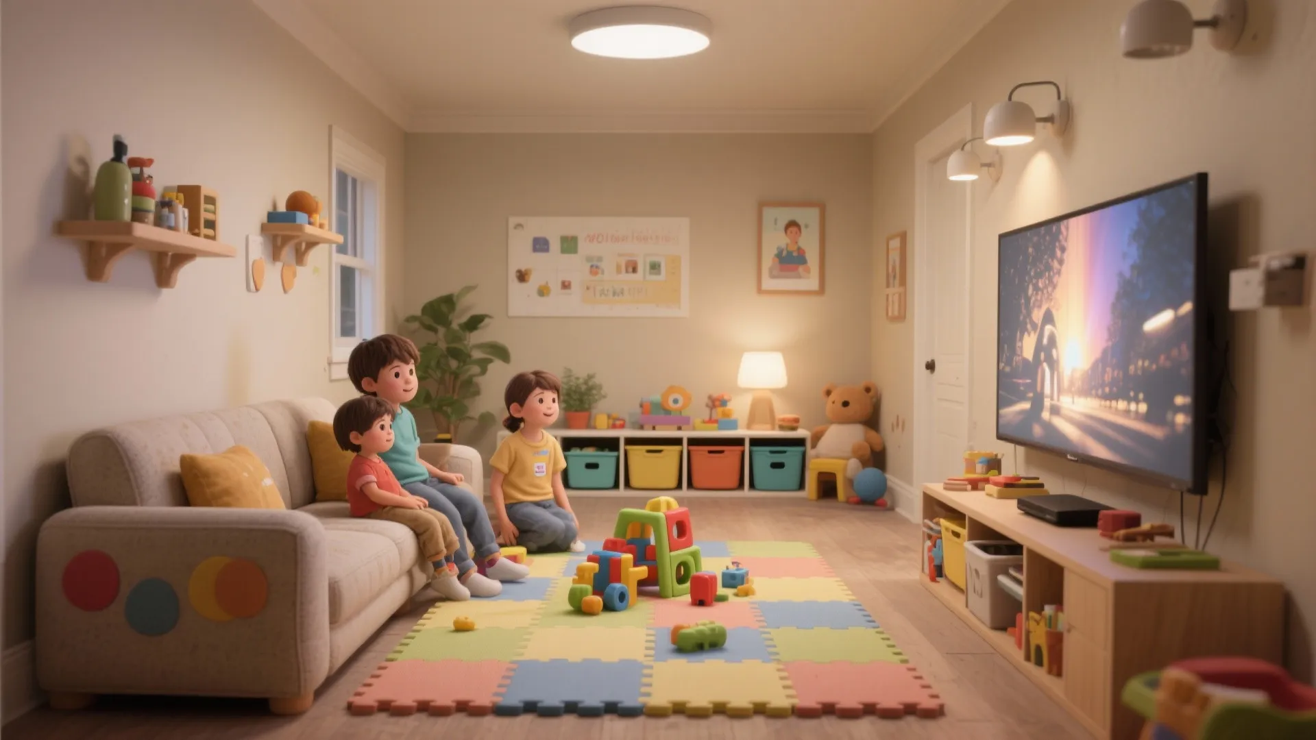 Family-friendly small rec room with durable fabrics, rounded edges and safe storage for kids.