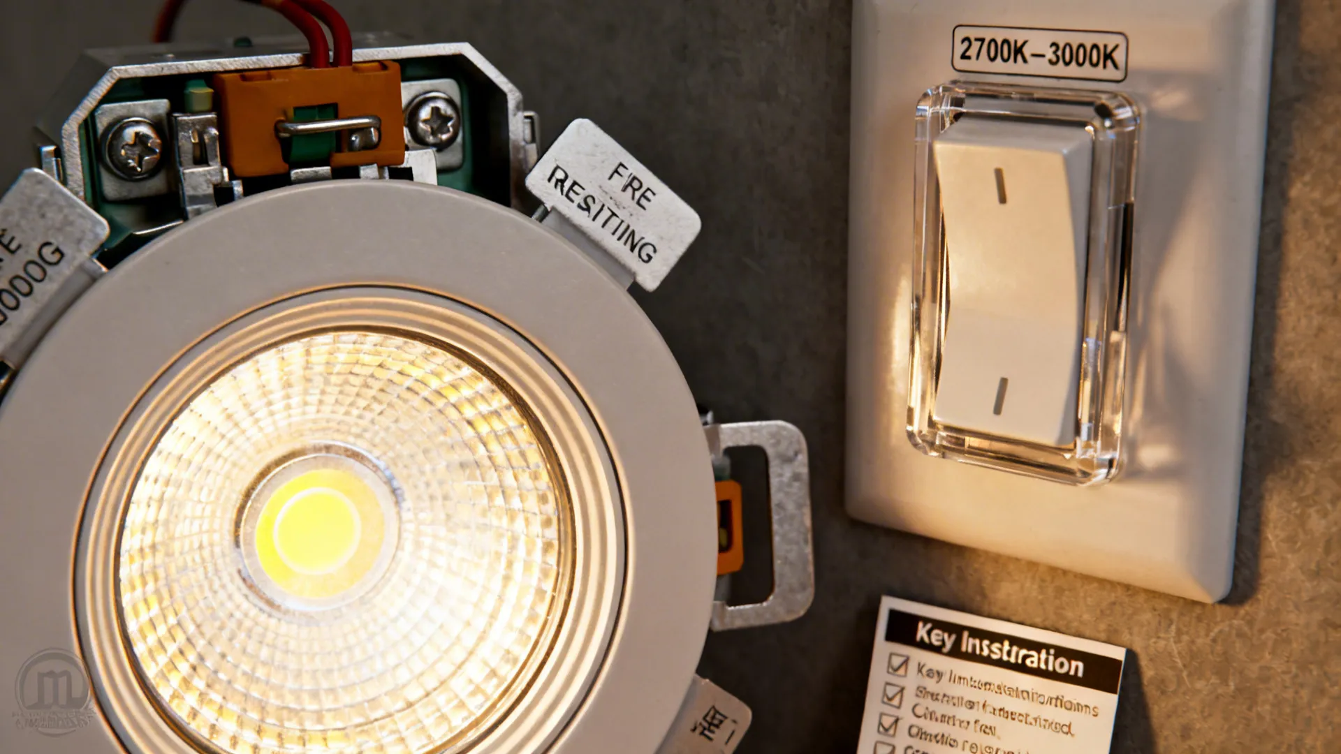 Round white ceiling light fixture mounted on wall next to a white plastic light power switch