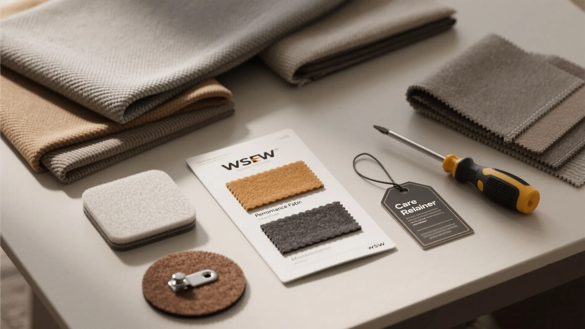 Collection of fabric samples and sofa repair tools including a screwdriver on a white table