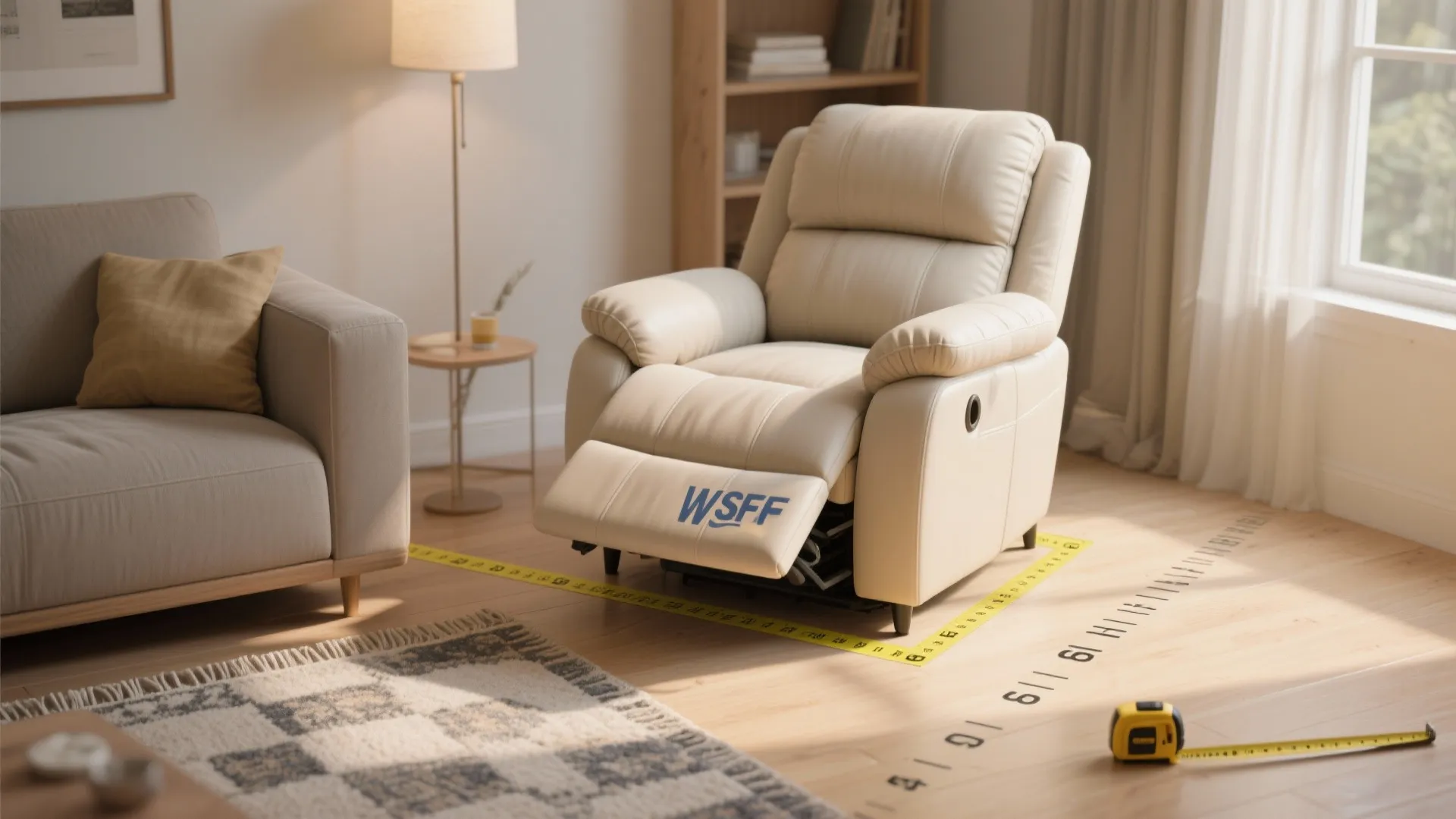 White sofa with footrest extension in living room being measured with a yellow tape measure