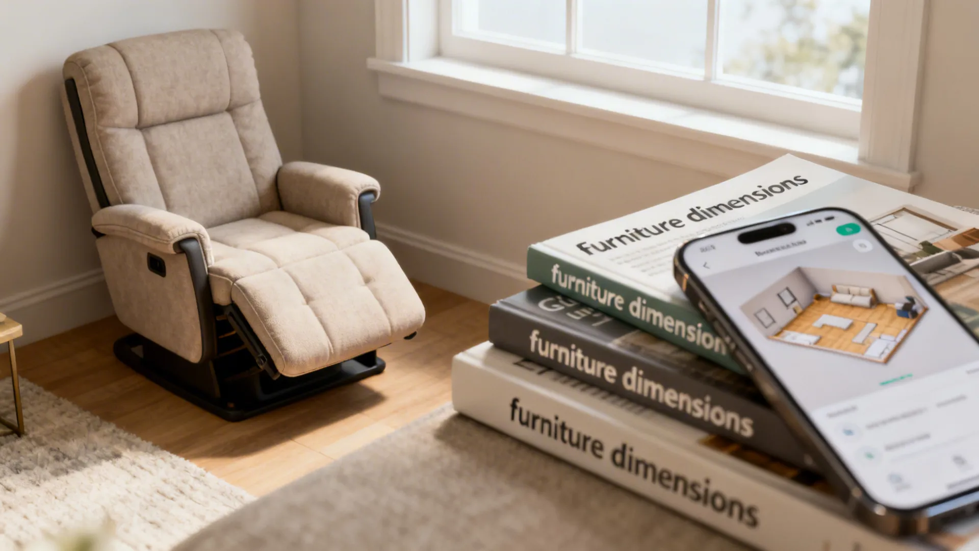 Cozy corner showing a compact recliner, furniture guidebook, and a smartphone with a 3D planner app.