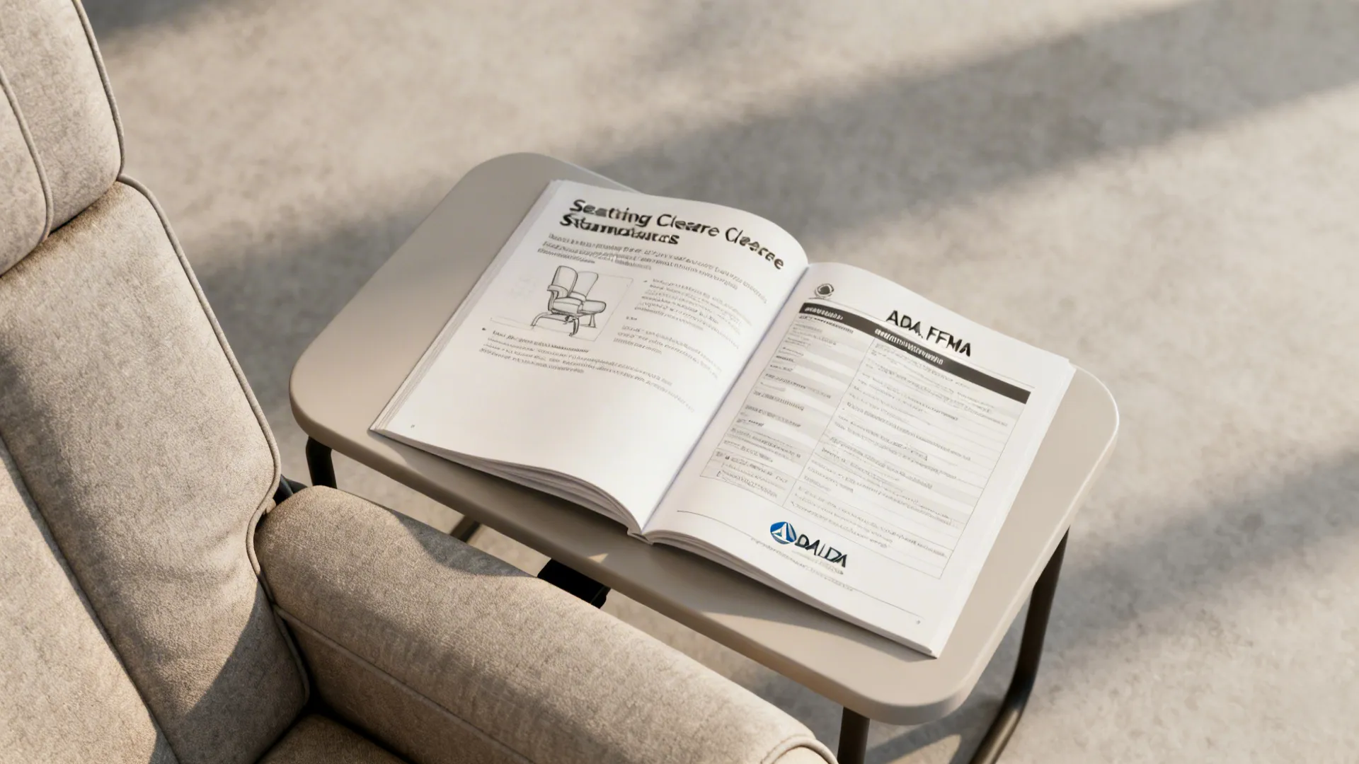 Recliner beside a side table with a handbook about seating clearance and accessibility standards