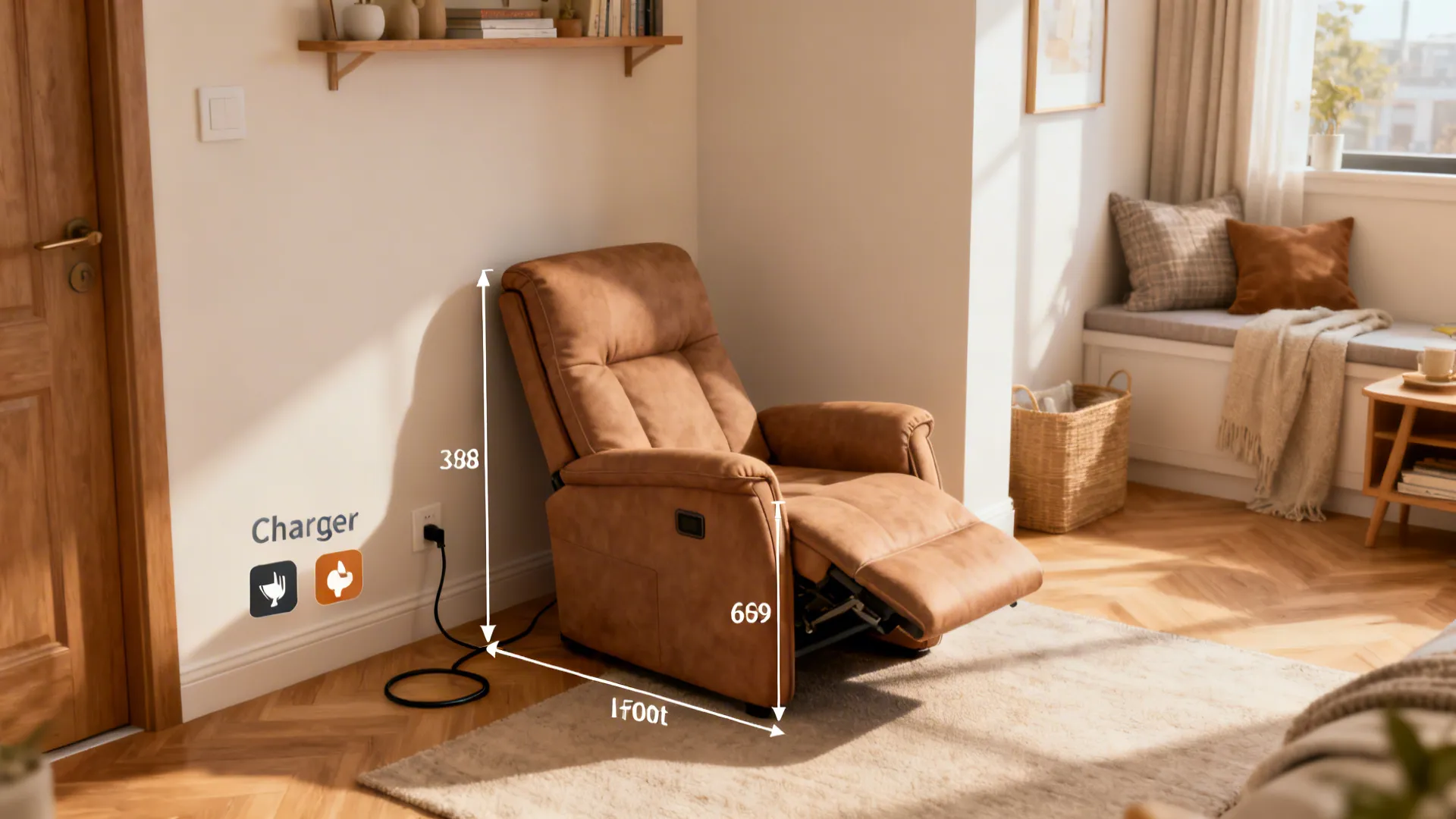 Compact recliner in a corner with measurement overlays showing clearance and reclined footprint.