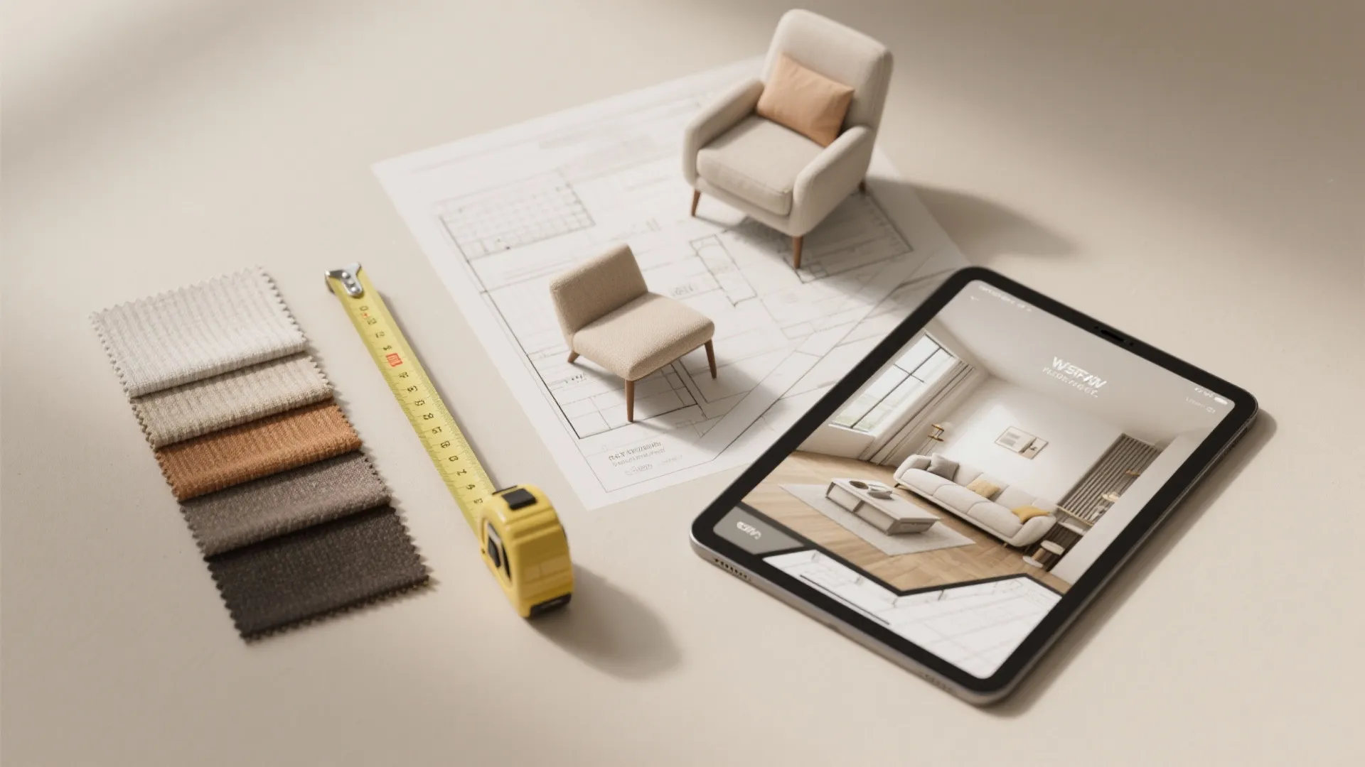 Interior design drawing with fabric samples measuring tape and tablet showing a modern living room