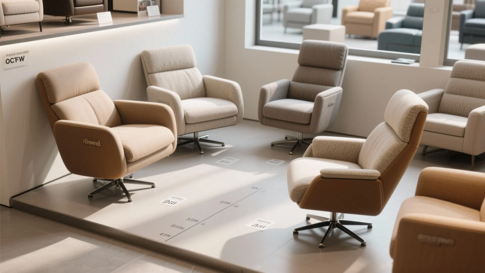 Modern furniture showroom displaying multiple comfortable swivel lounge chairs in neutral tan and grey fabric colors