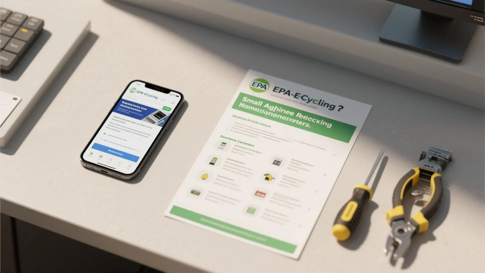 Flatlay of FAQ materials, smartphone showing EPA e-cycling page, and toolkit for safe appliance prep