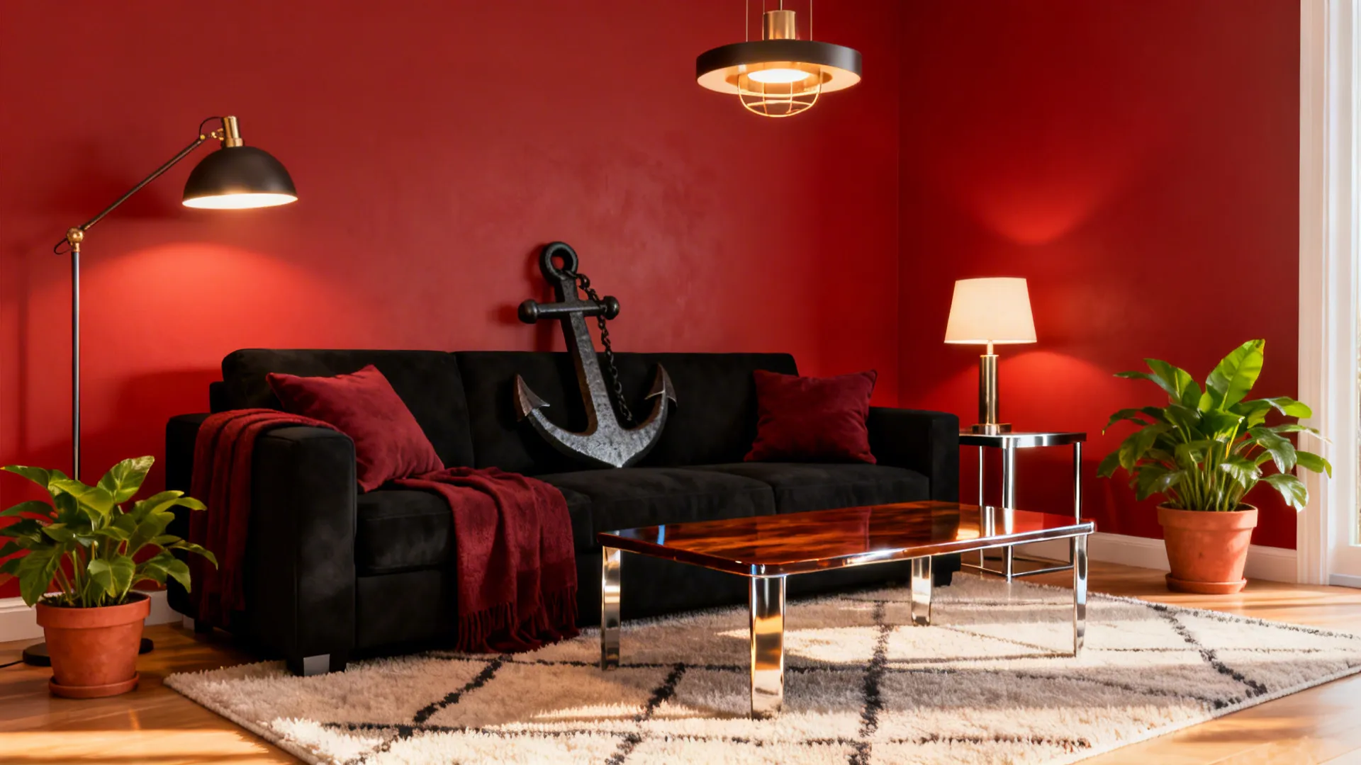 Cozy small living room demonstrating balanced red and black design with plants and layered lighting.