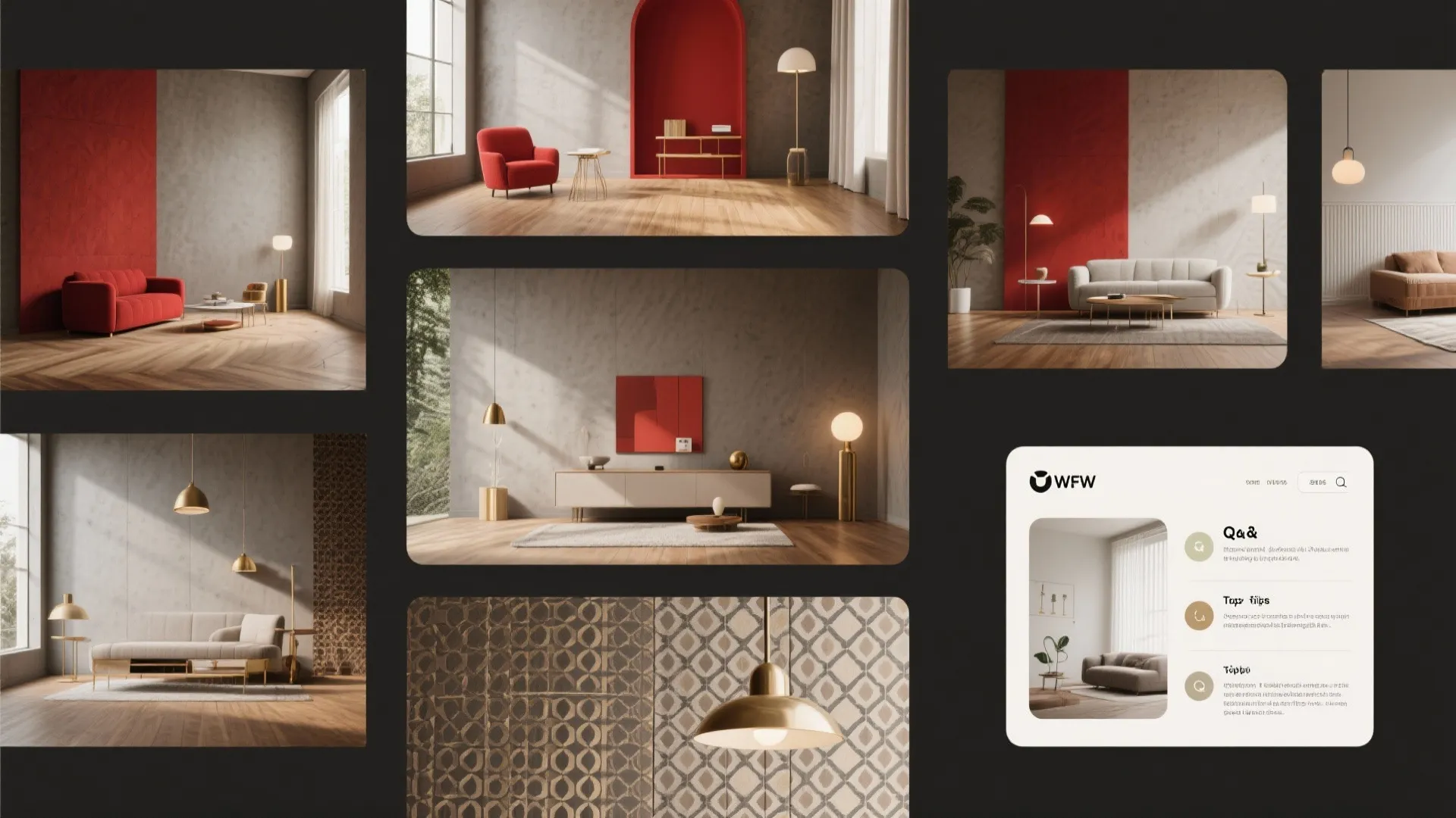 A gallery of modern living room designs featuring red accents grey walls and minimalist furniture