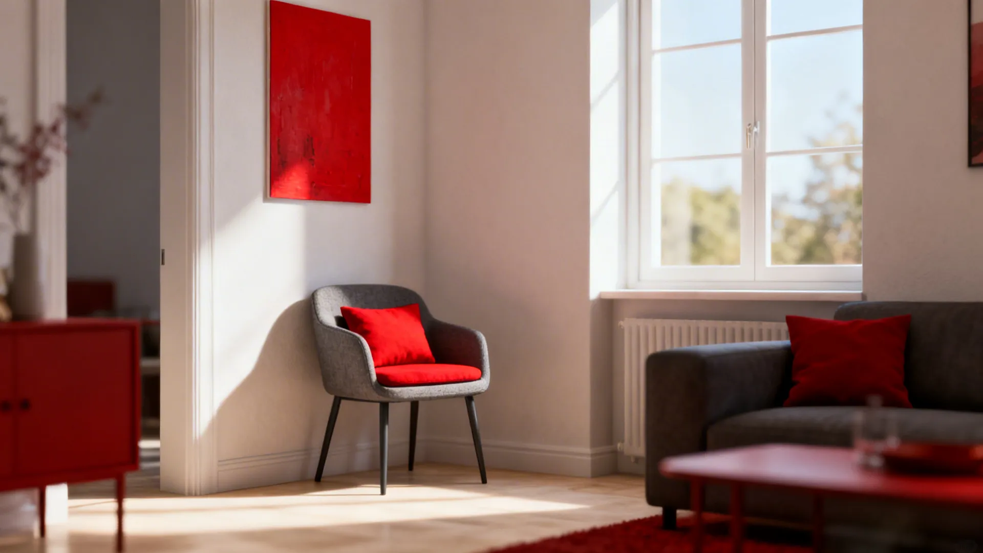 Small living room vignette showing how a single red accent complements a grey base for FAQ illustration.