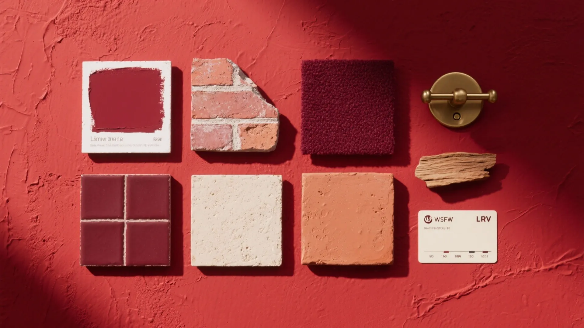 Red wall with material samples including brick, square tiles, dark fabric, gold handle, and stone