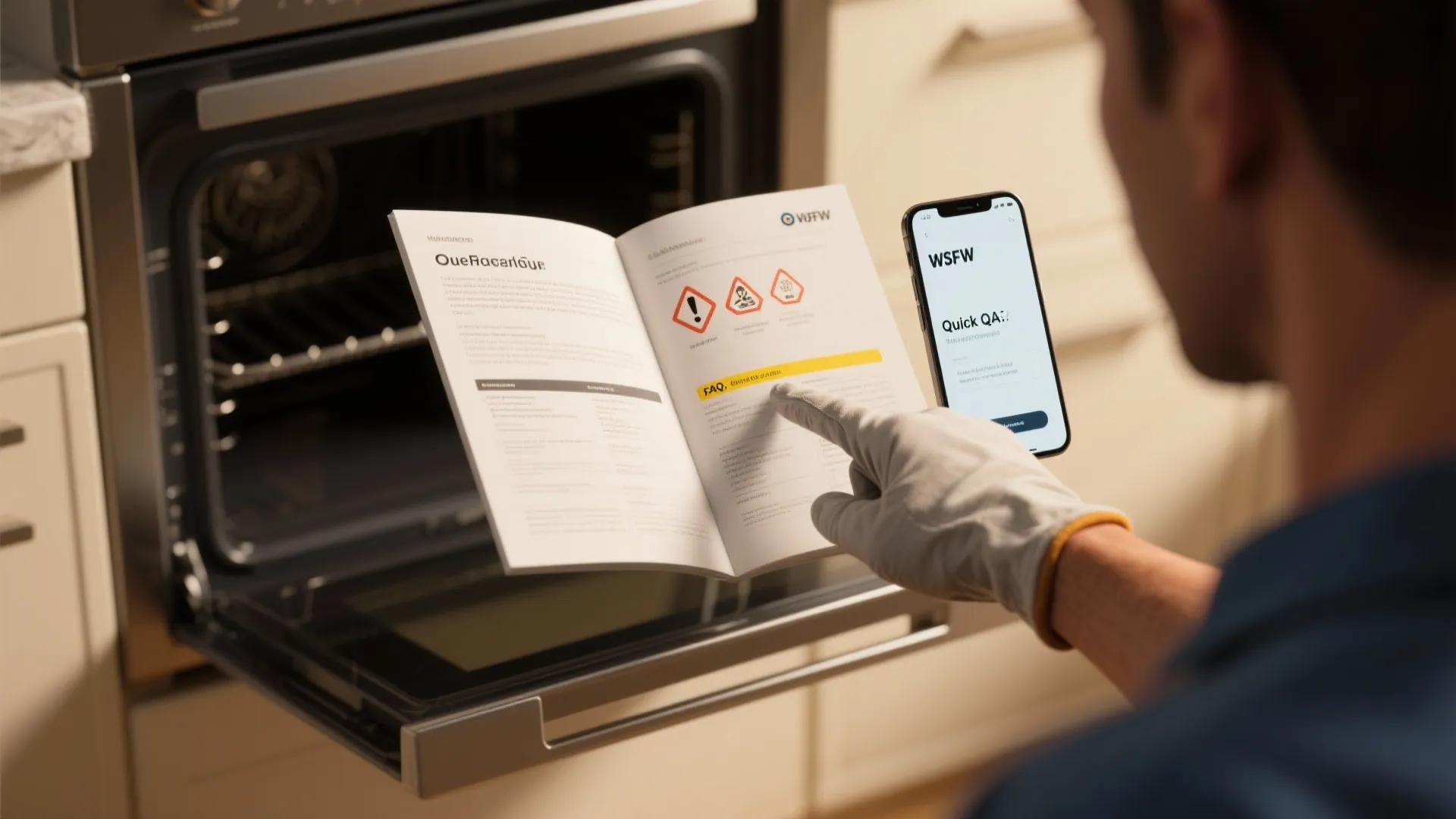 Man holding a manual and phone while checking an open oven in a modern kitchen