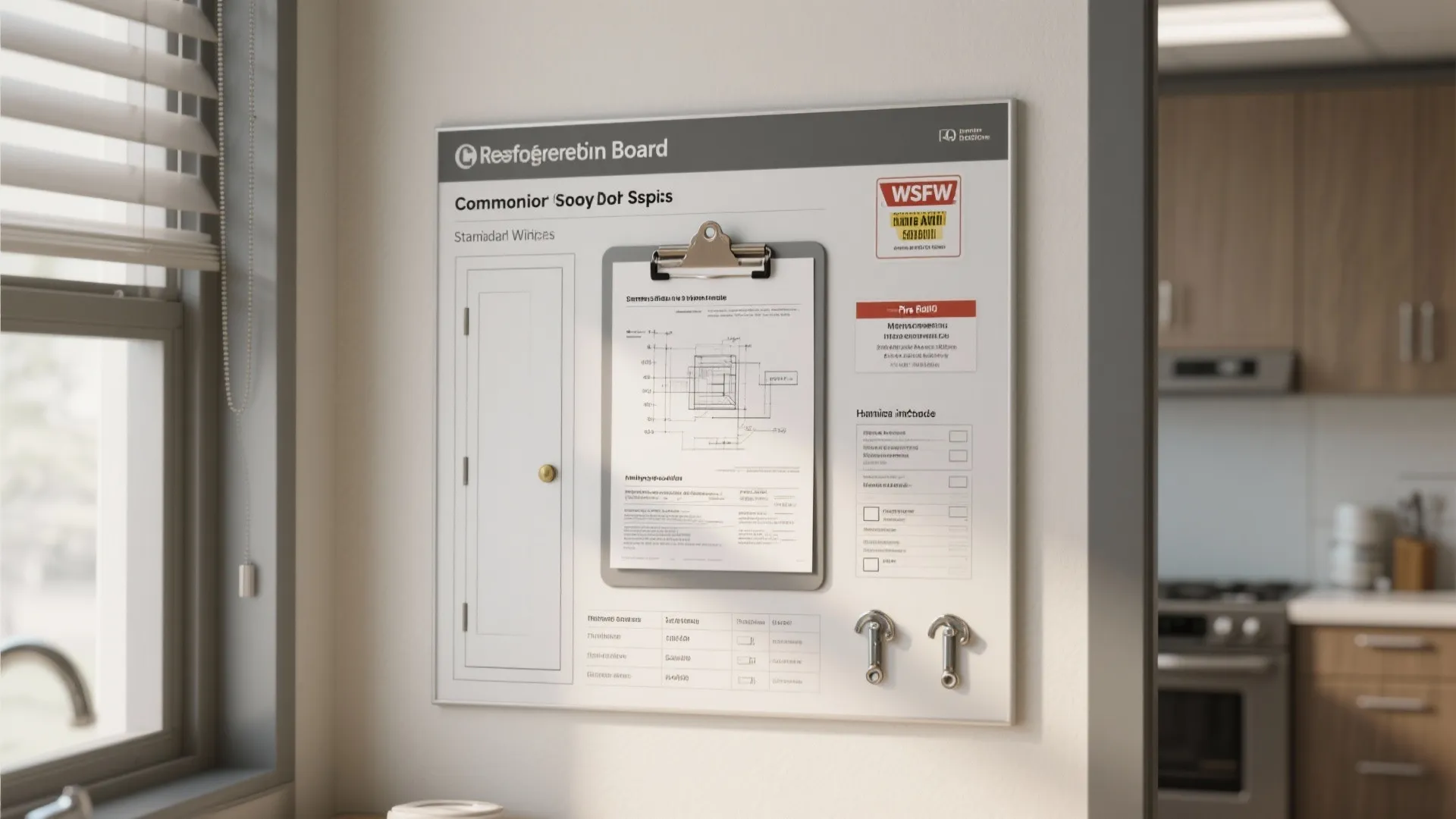 Kitchen office reference board with swing door specs, fire-rating labels, and maintenance checklist for FAQ.