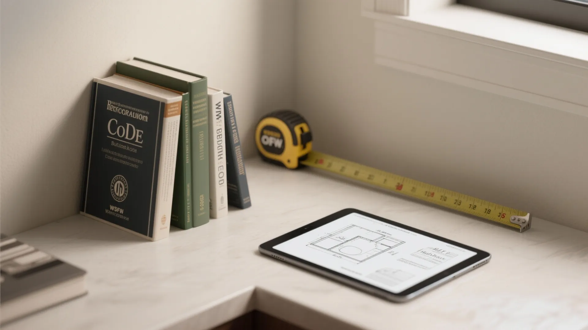 Tablet showing interior design drawing next to books and a measuring tape on a desk