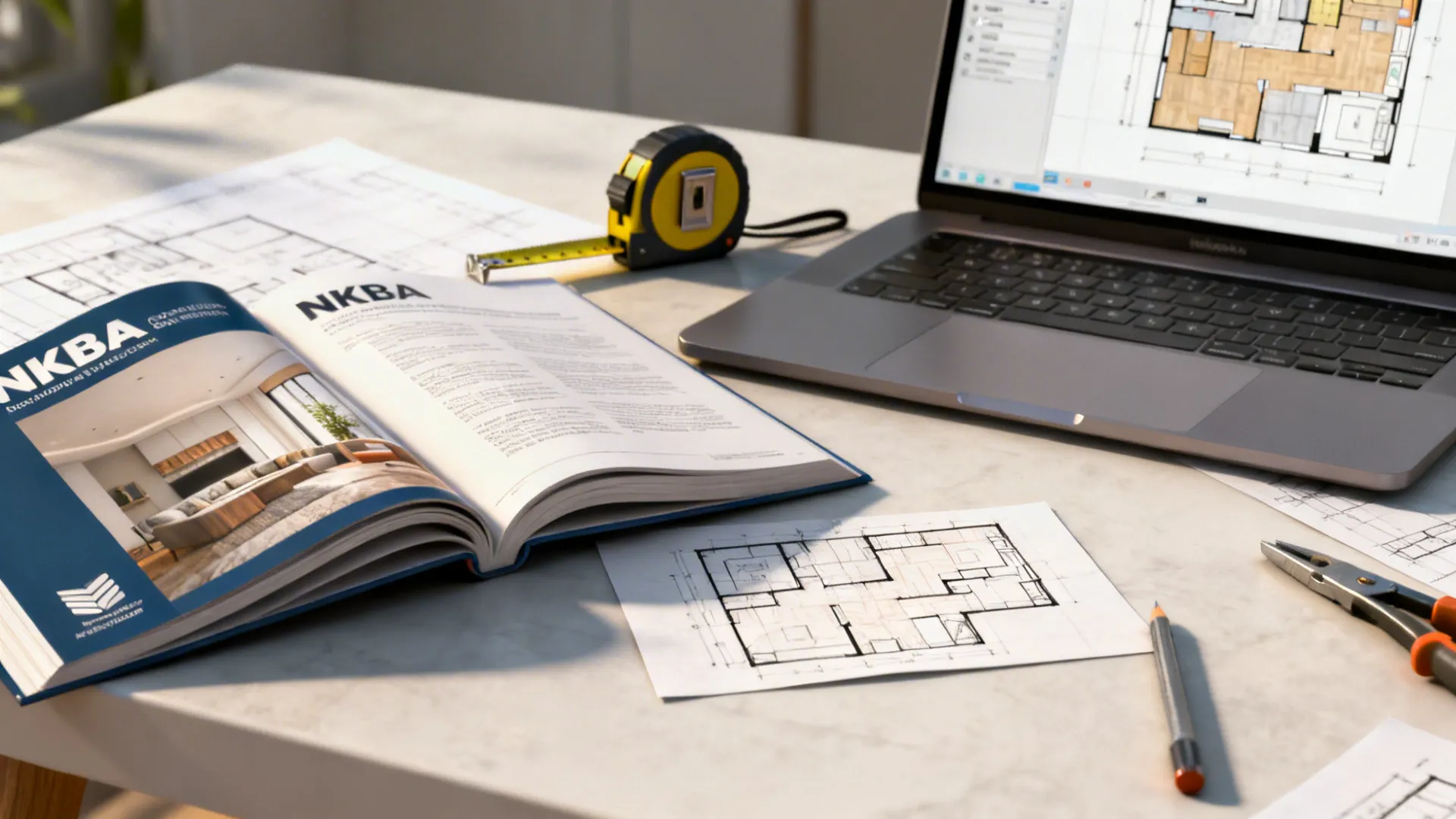 Design guidelines, measuring tape, and a laptop showing a floor plan for open kitchen planning.