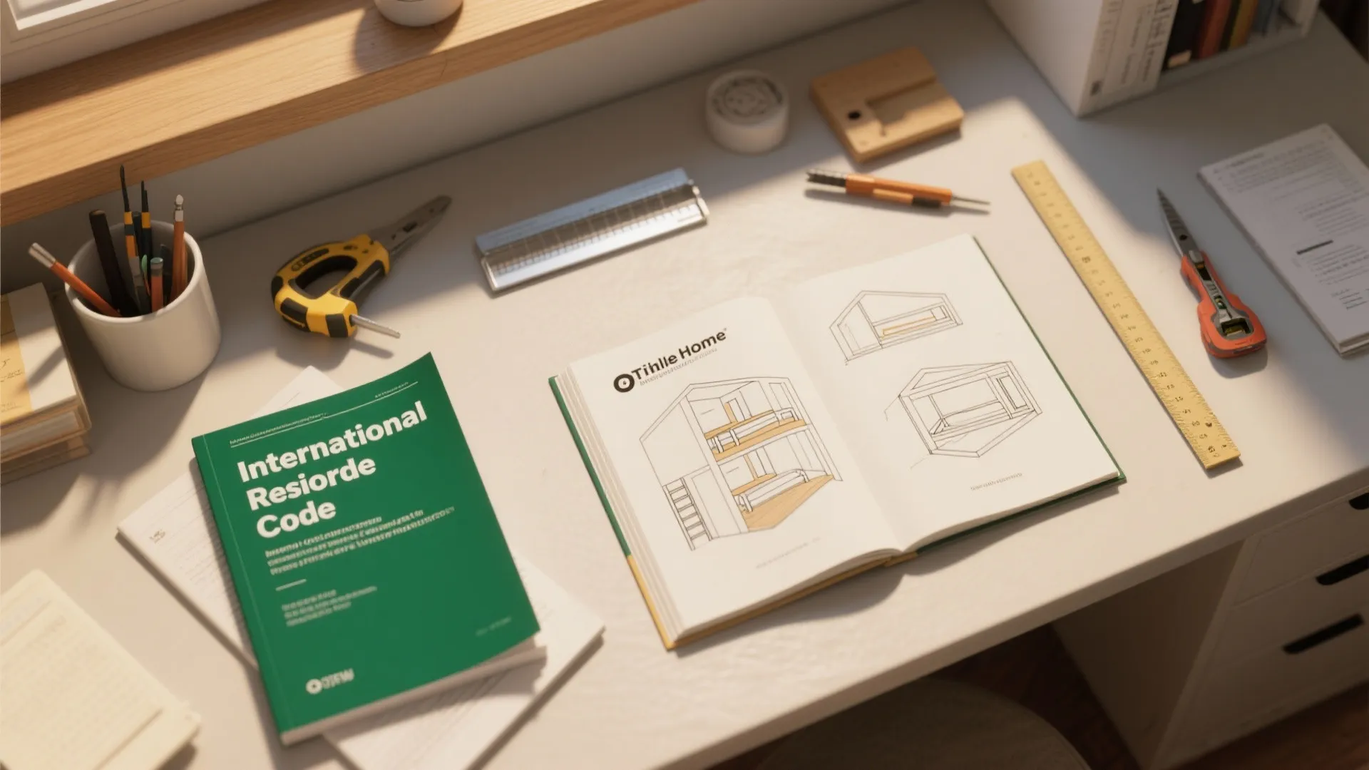 Flatlay of code book, measuring tools, and tiny home sketches referencing IRC guidance